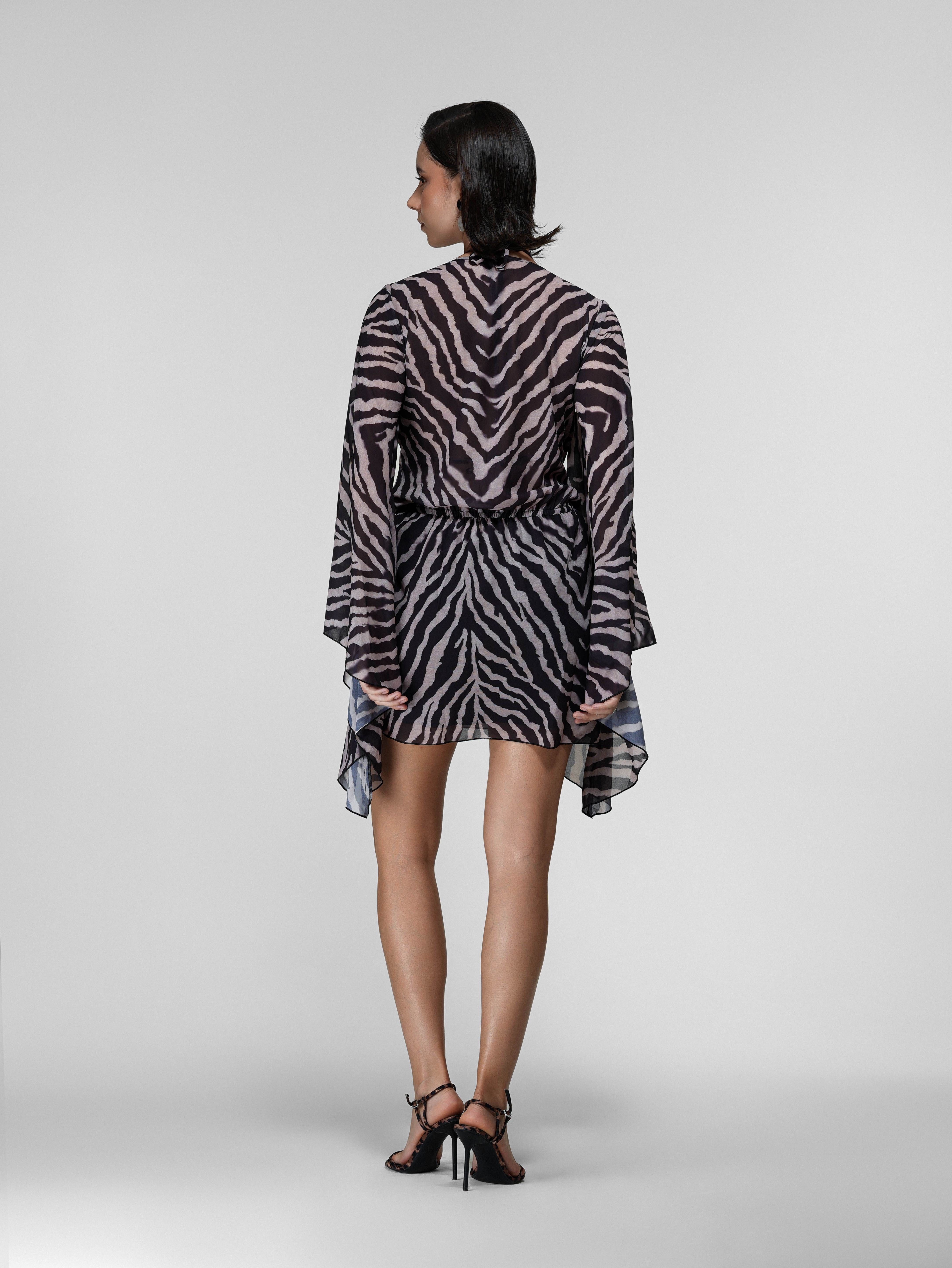 Zebra Print Sheer Cowl Wrap Dress with Bell Sleeves