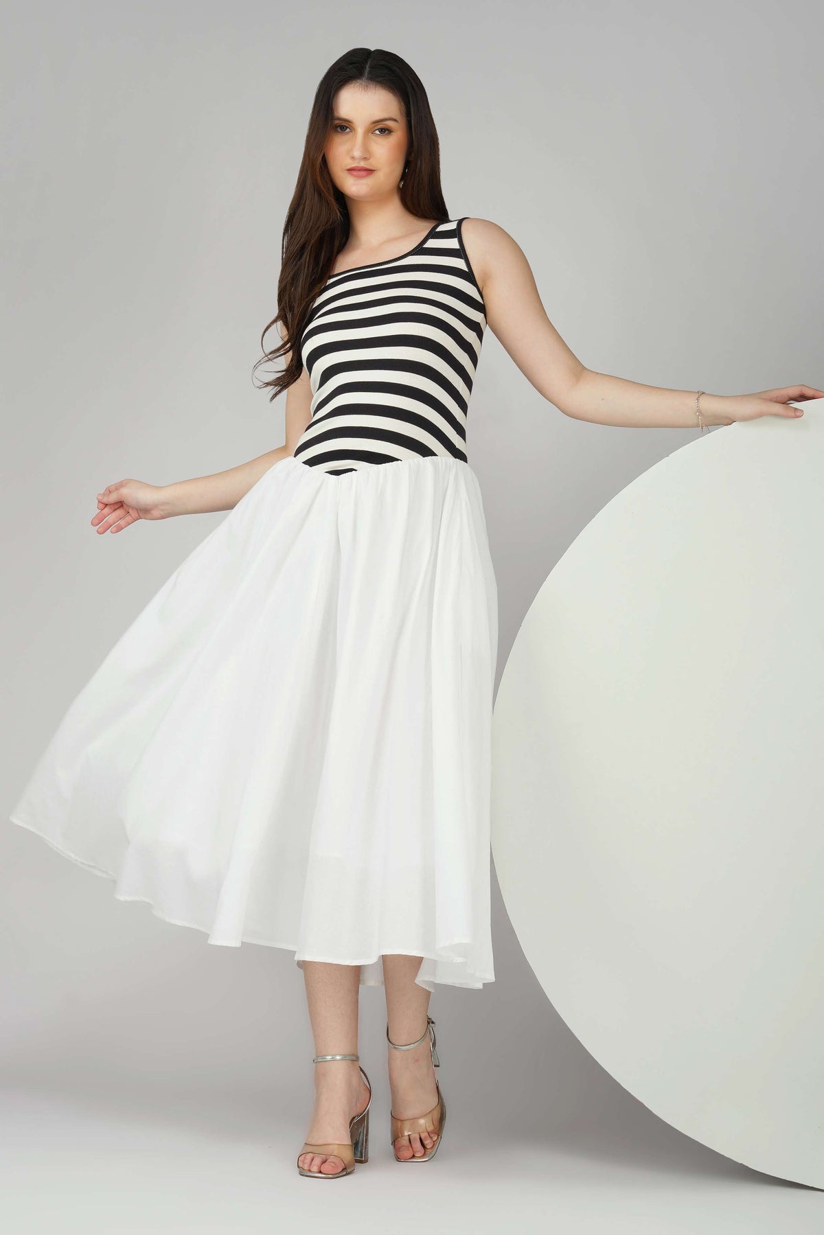 Striped Knit Bodice with Flowy White Bottom Dress