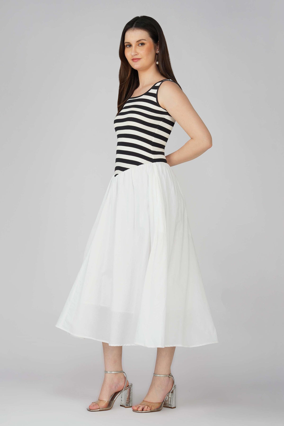 Striped Knit Bodice with Flowy White Bottom Dress