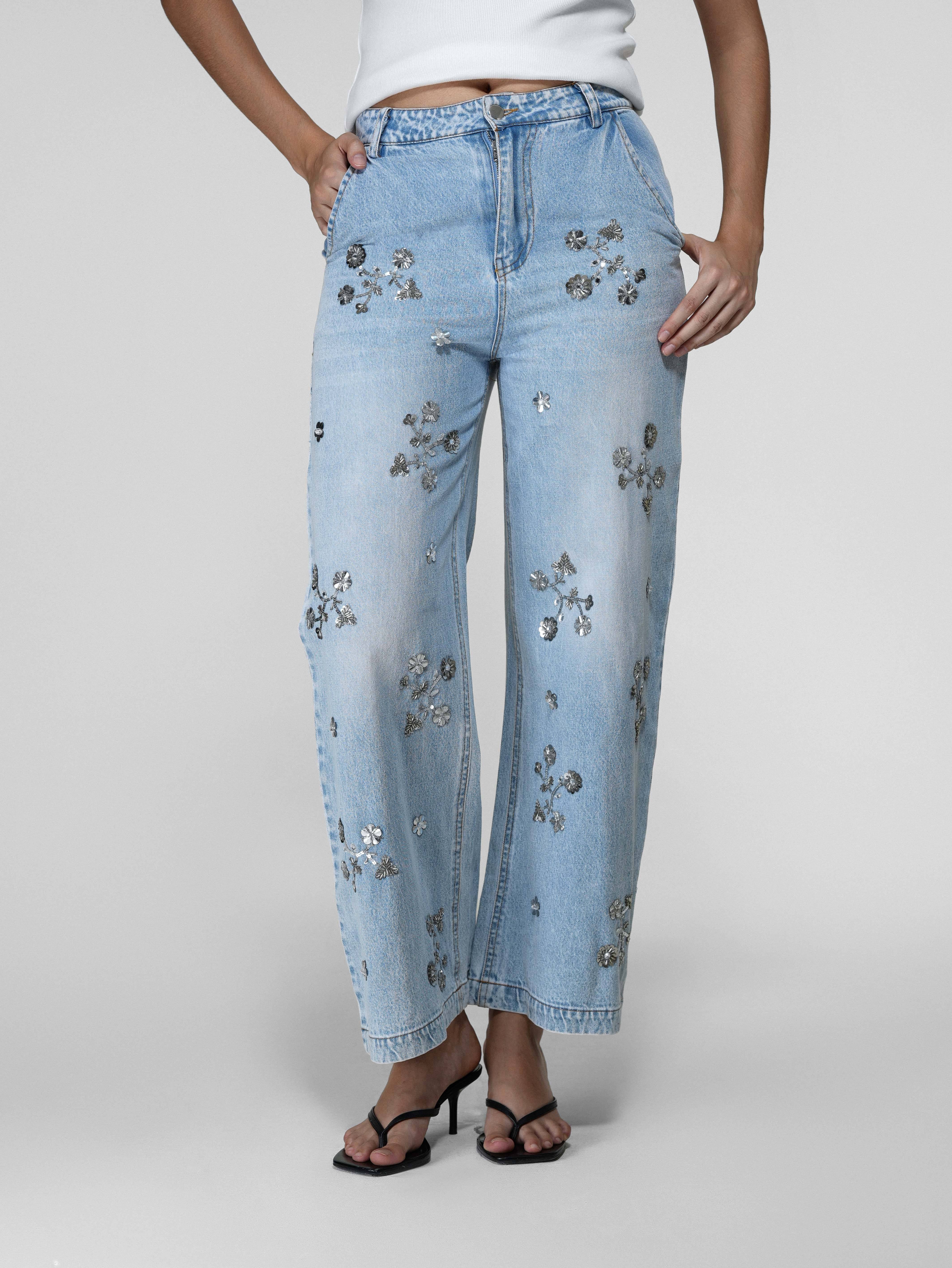 Floral Embellished Wide-Leg Jeans