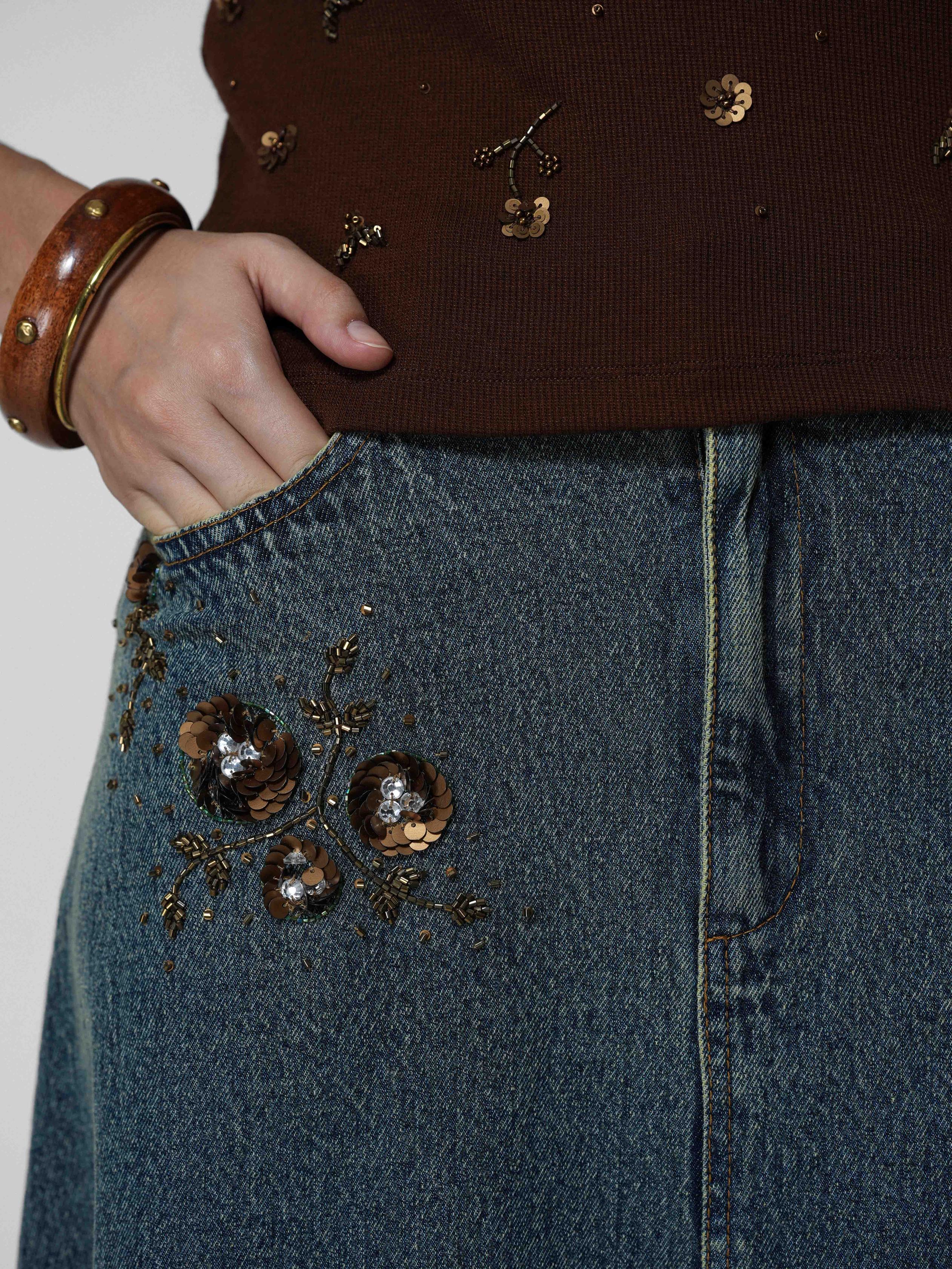 Beaded Vintage-Wash Denim Maxi Skirt