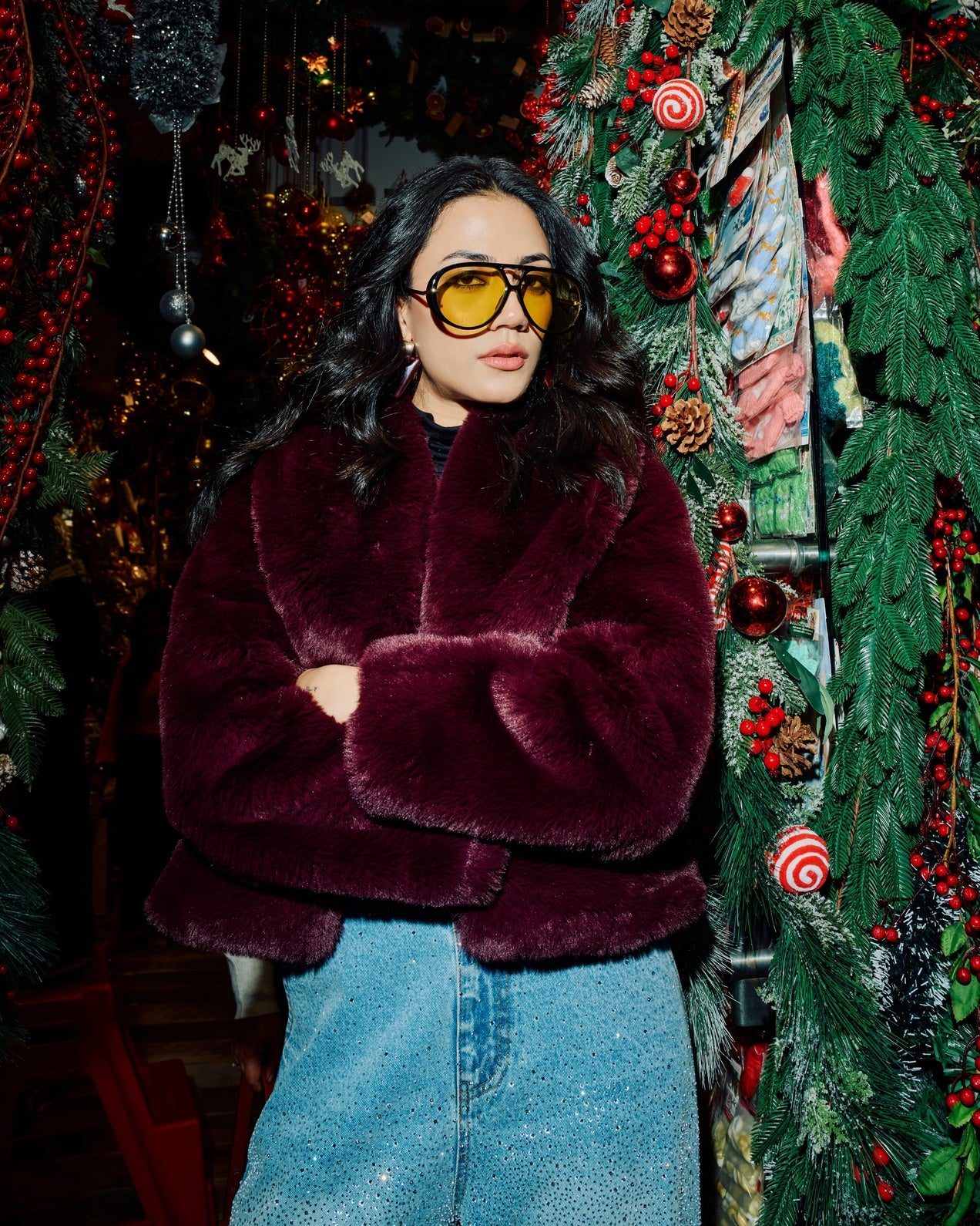 Deep Wine Luxe Faux Fur Jacket