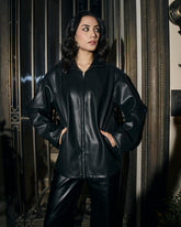 Classic Black Faux Leather Zip-Up Jacket