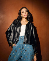 Black Lace Trim Leather Jacket