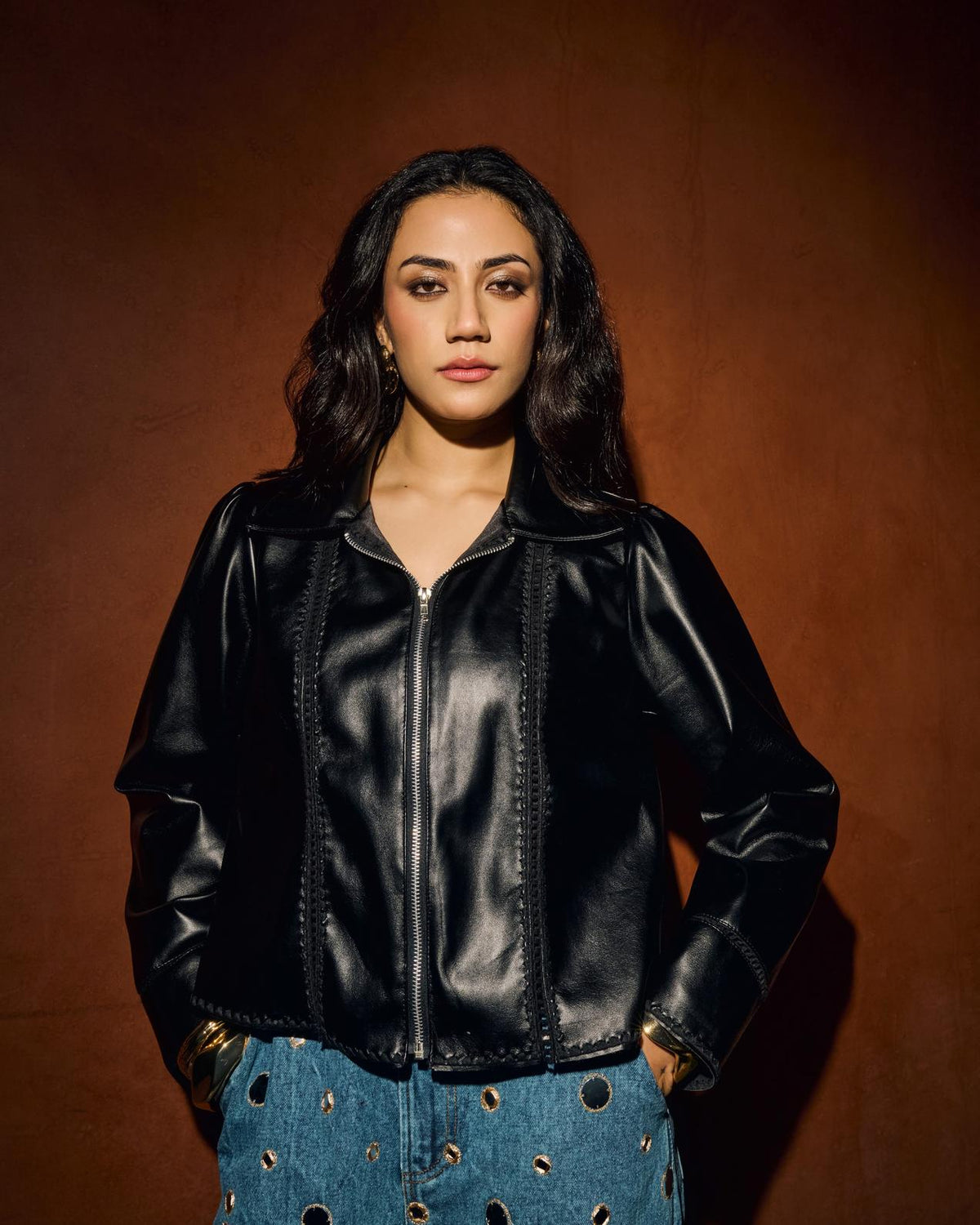 Black Lace Trim Leather Jacket