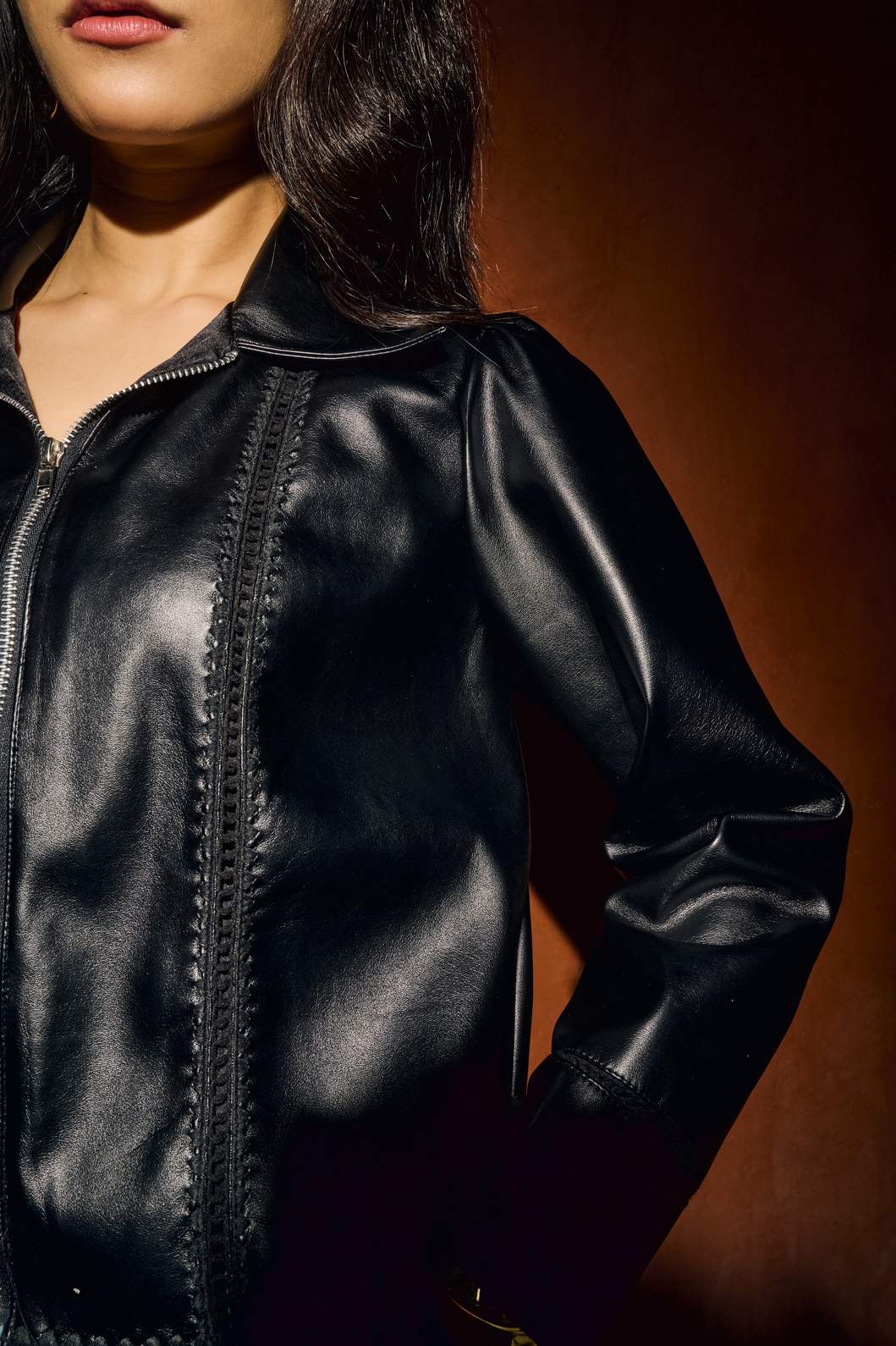 Black Lace Trim Leather Jacket