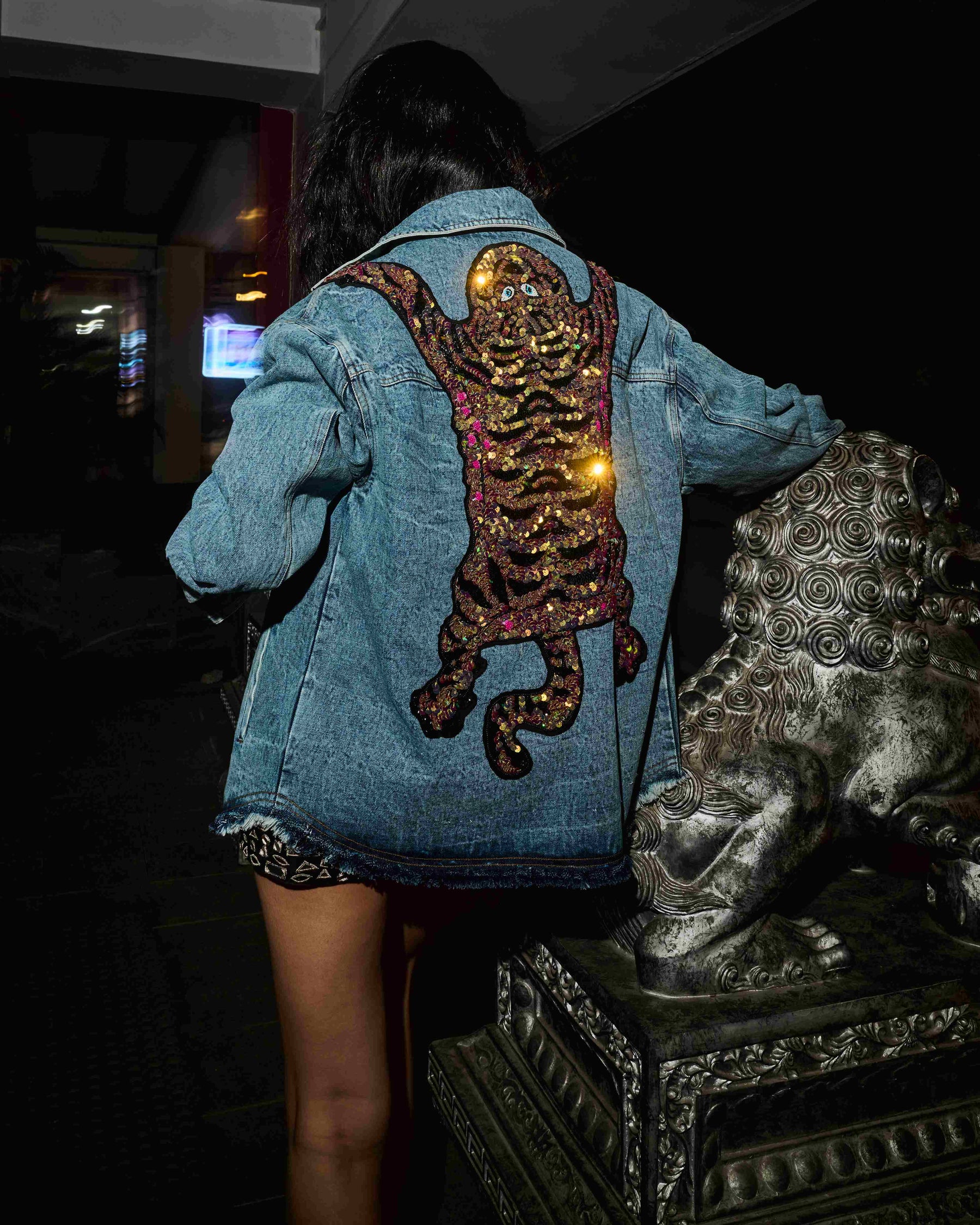 Blue Denim Tiger Embroidered Oversized Jacket