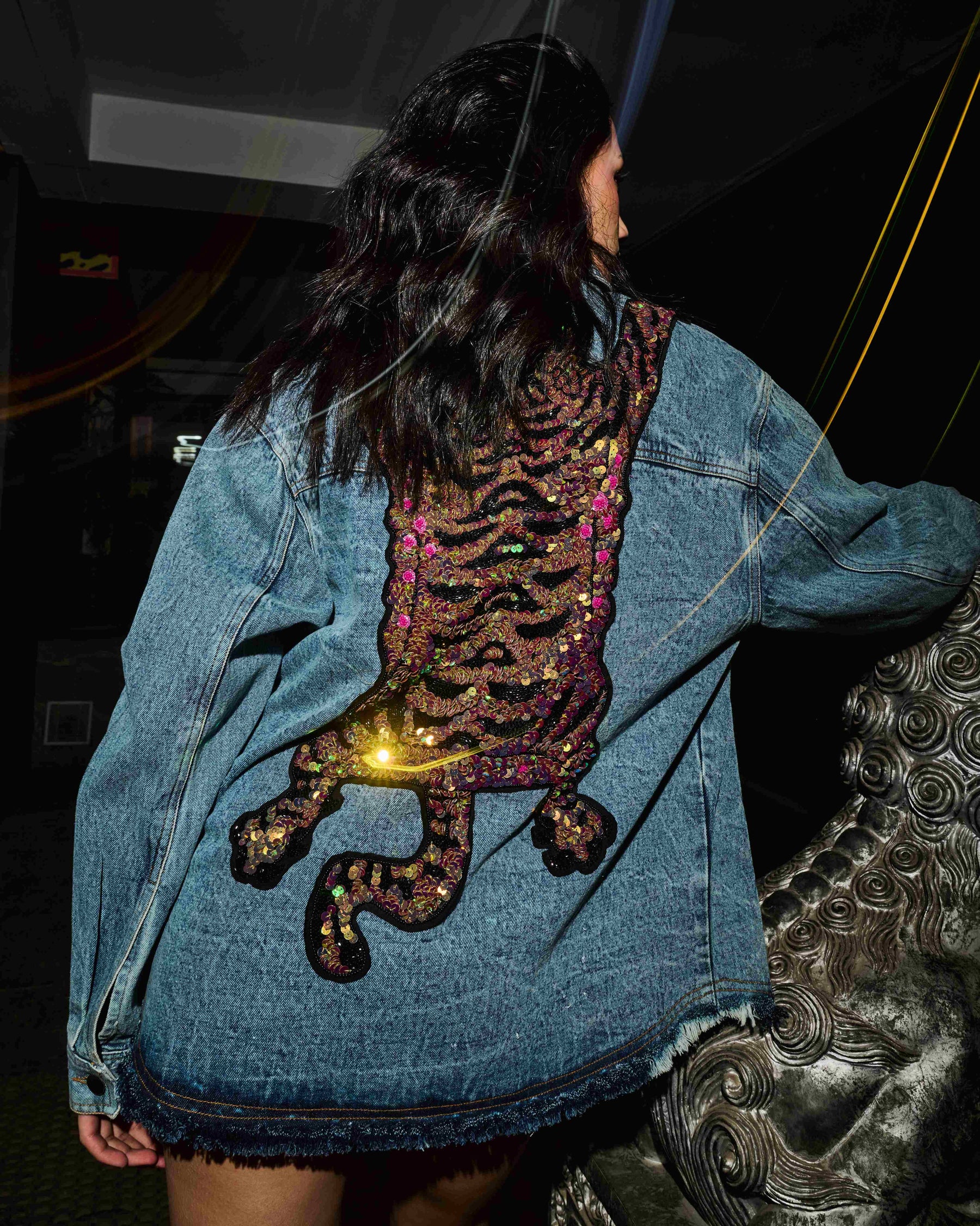 Blue Denim Tiger Embroidered Oversized Jacket