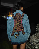 Blue Denim Tiger Embroidered Oversized Jacket