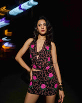 Leopard Rose Embroidered Mini Skirt