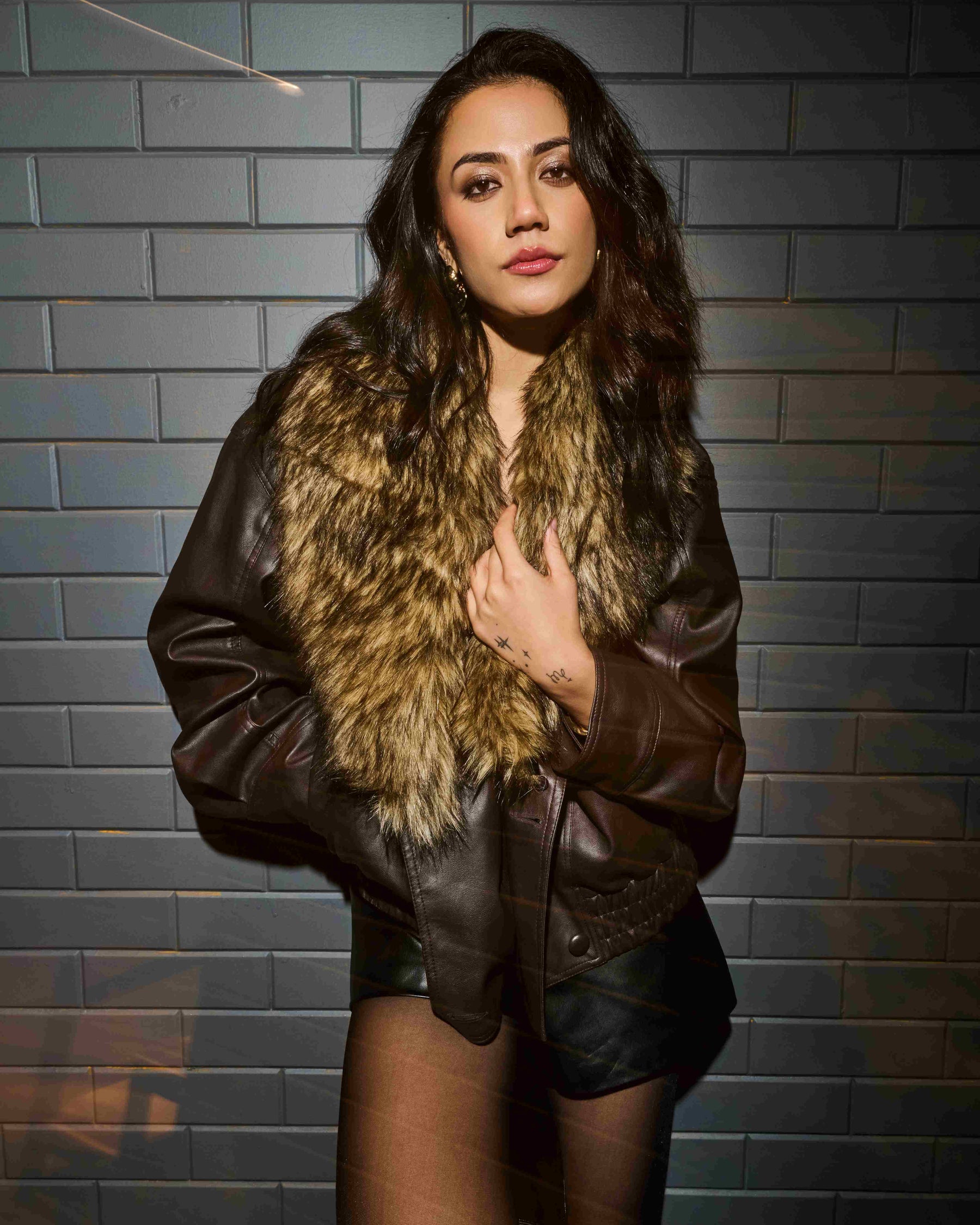 Brown Faux Leather Jacket with Fur Collar
