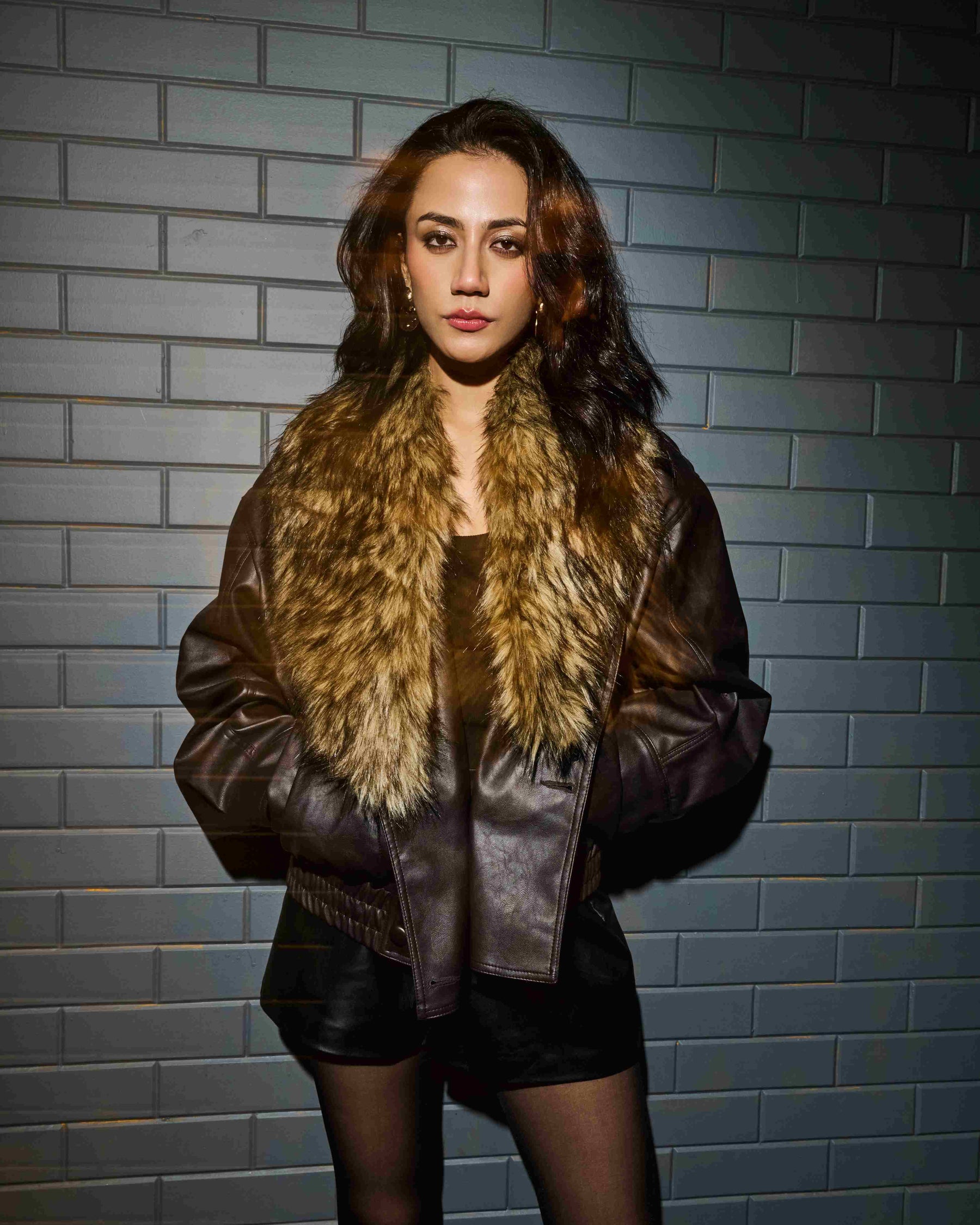 Brown Faux Leather Jacket with Fur Collar