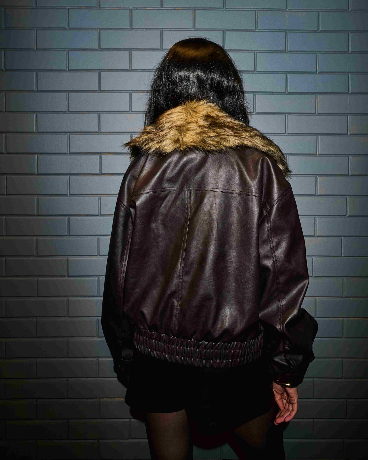 Brown Faux Leather Jacket with Fur Collar