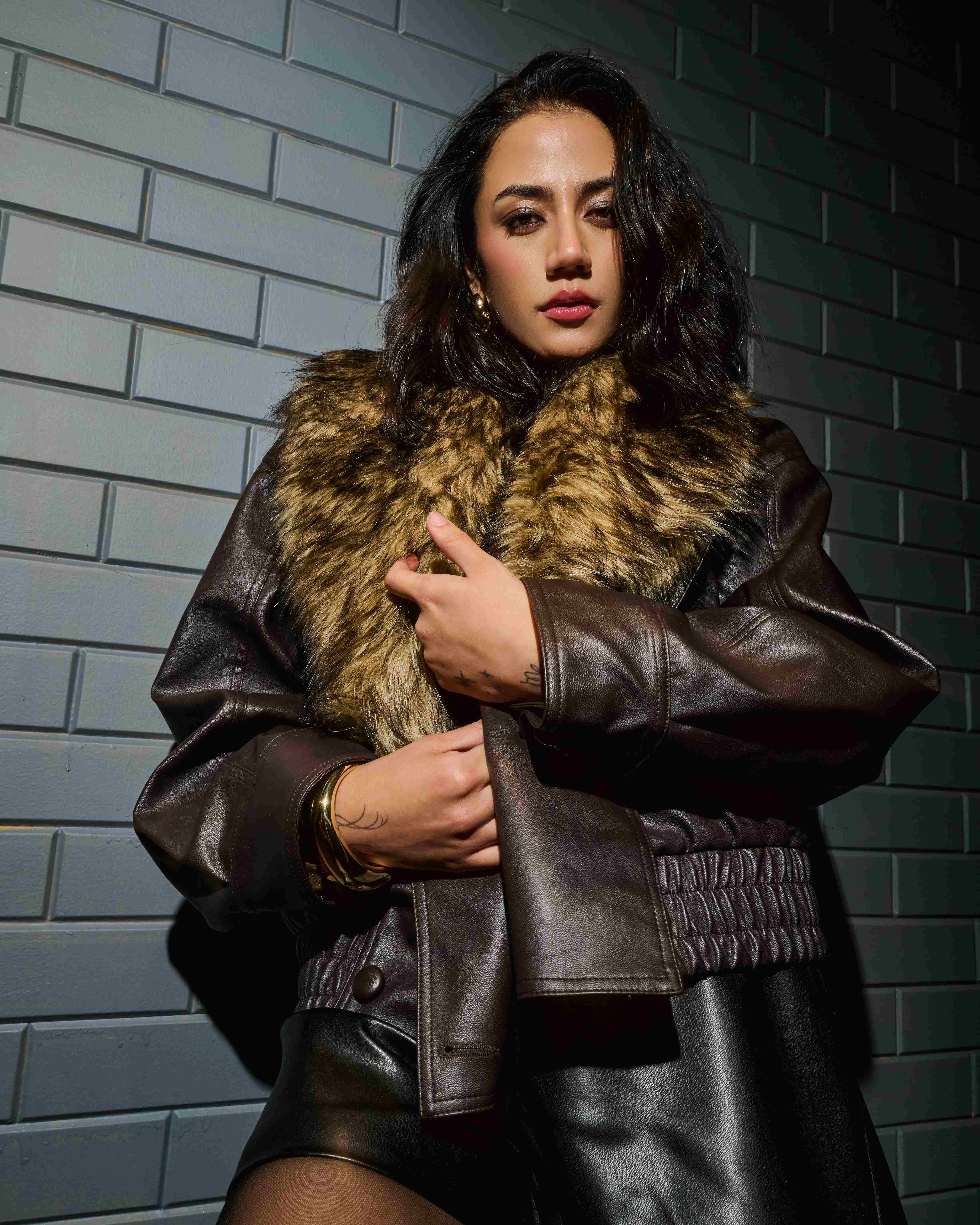 Brown Faux Leather Jacket with Fur Collar