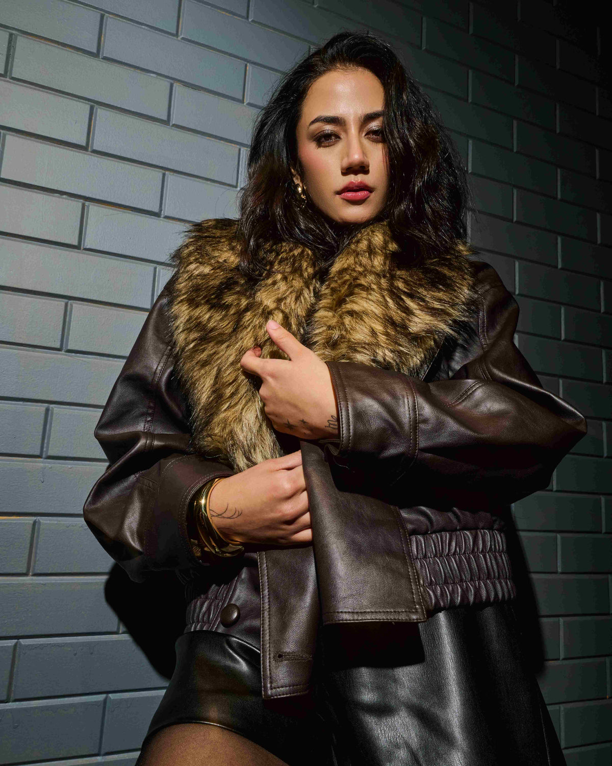 Brown Faux Leather Jacket with Fur Collar