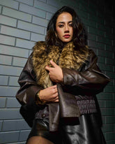 Brown Faux Leather Jacket with Fur Collar