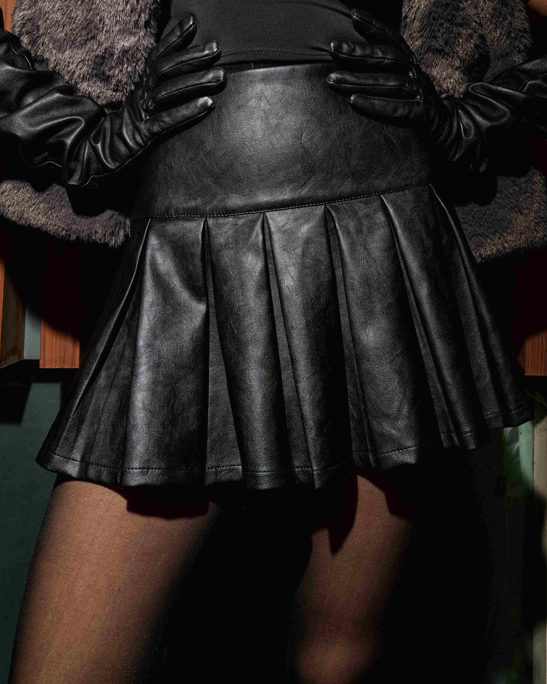 Noir Pleated Leather Mini Skirt