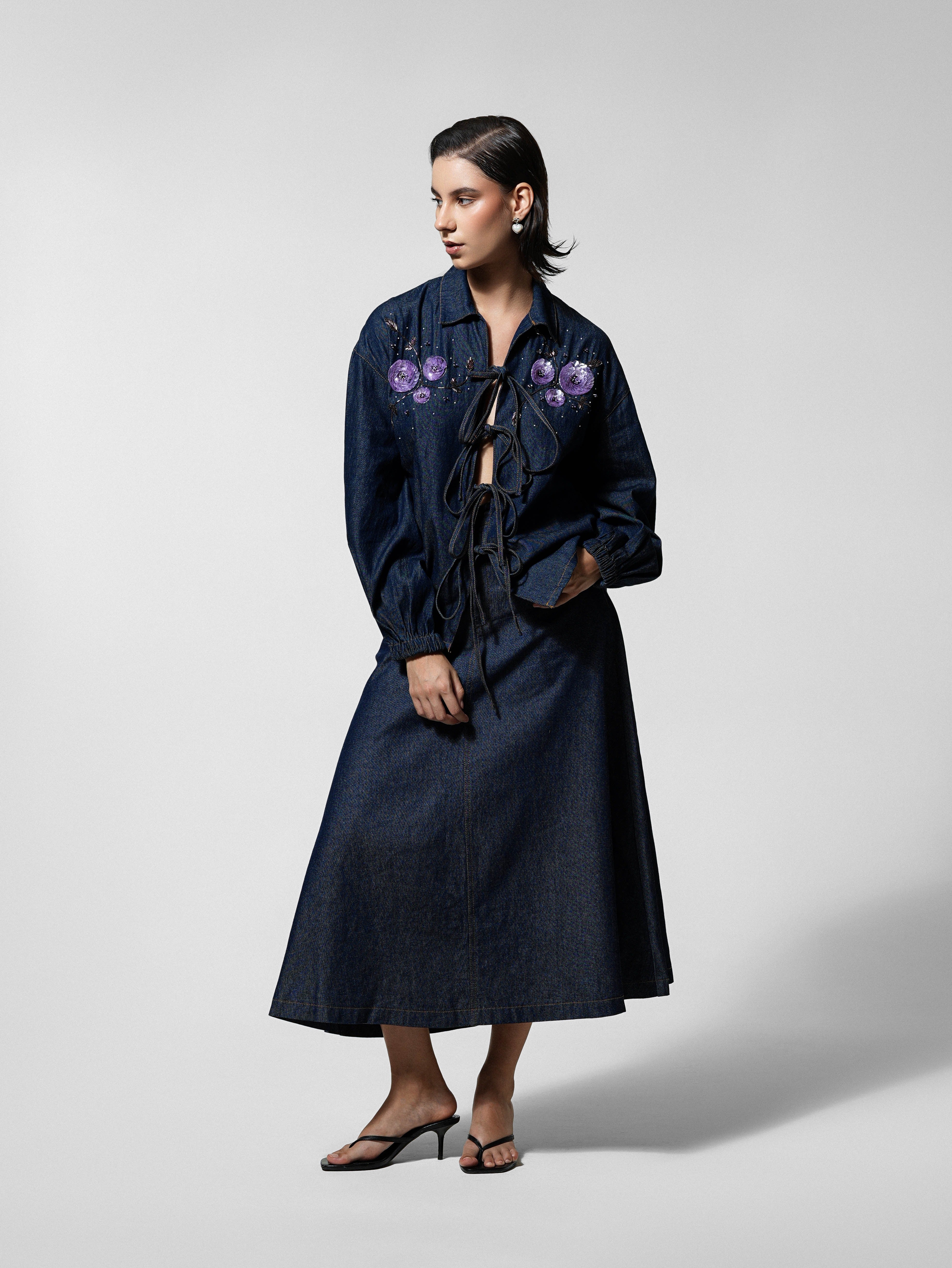 Cord-Laced Floral Beaded Denim Shirt with Maxi Skirt