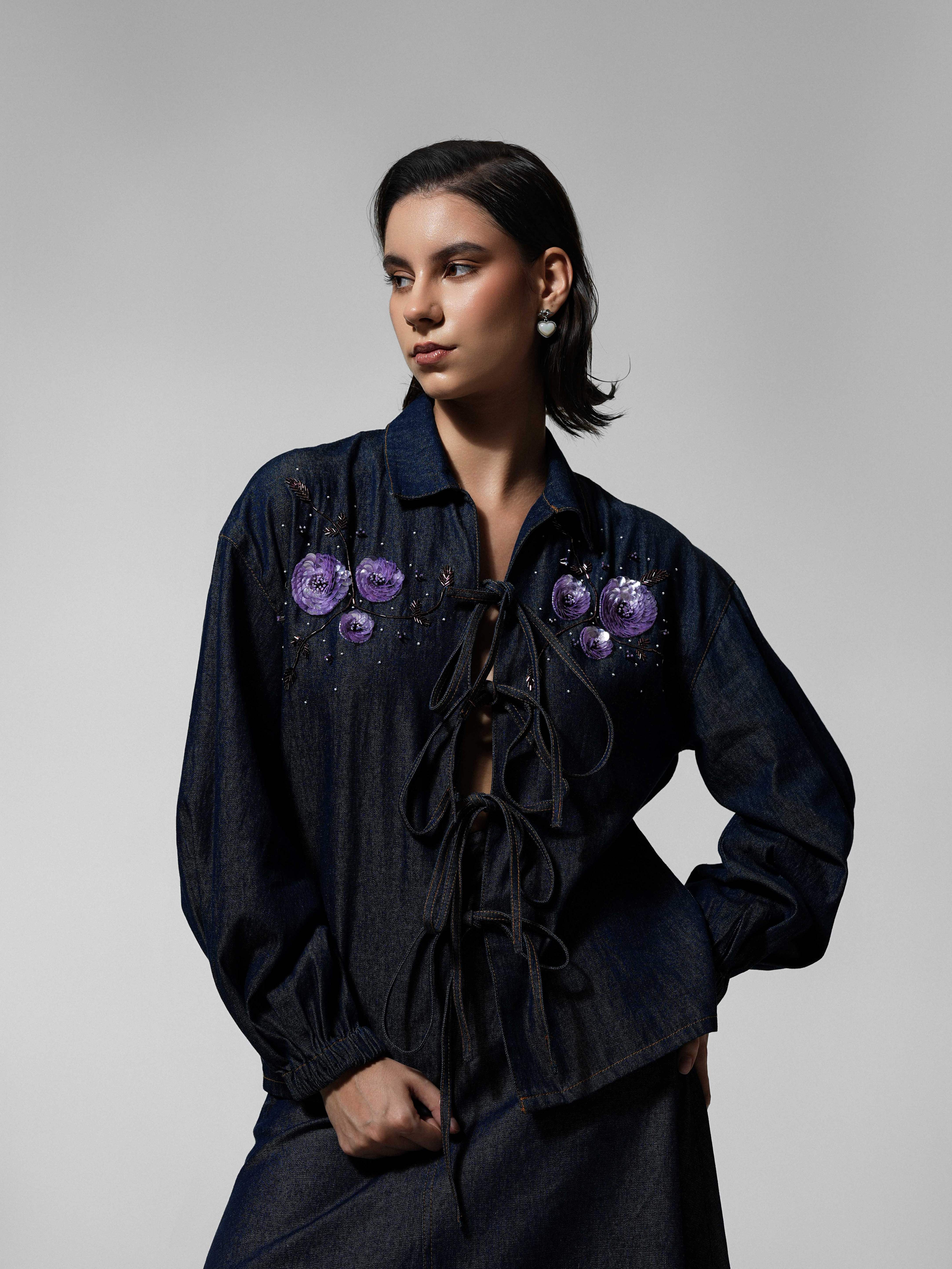 Cord-Laced Floral Beaded Denim Shirt with Maxi Skirt