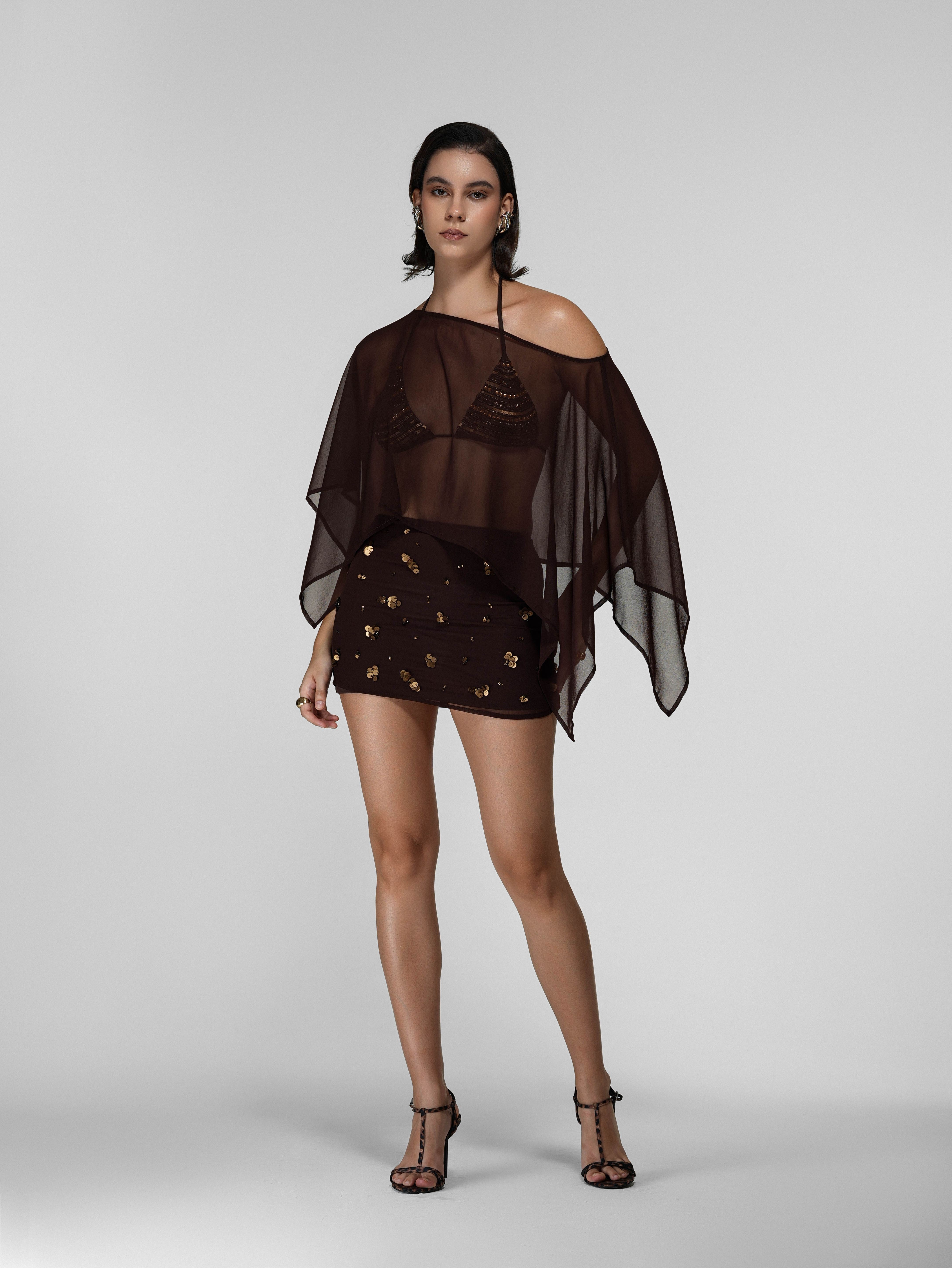 Brown Embroidered Sequin 3 Piece Set