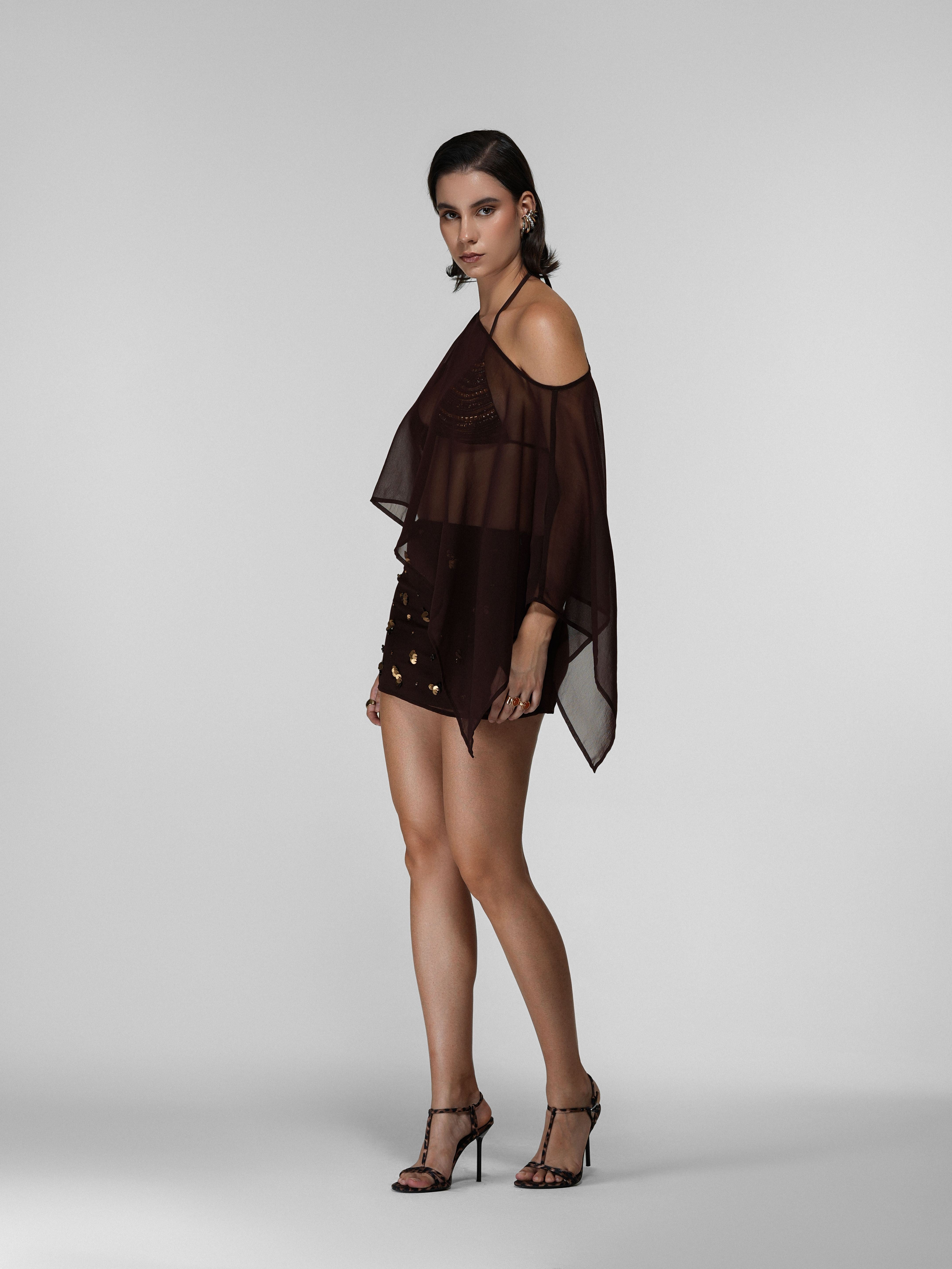 Brown Embroidered Sequin 3 Piece Set