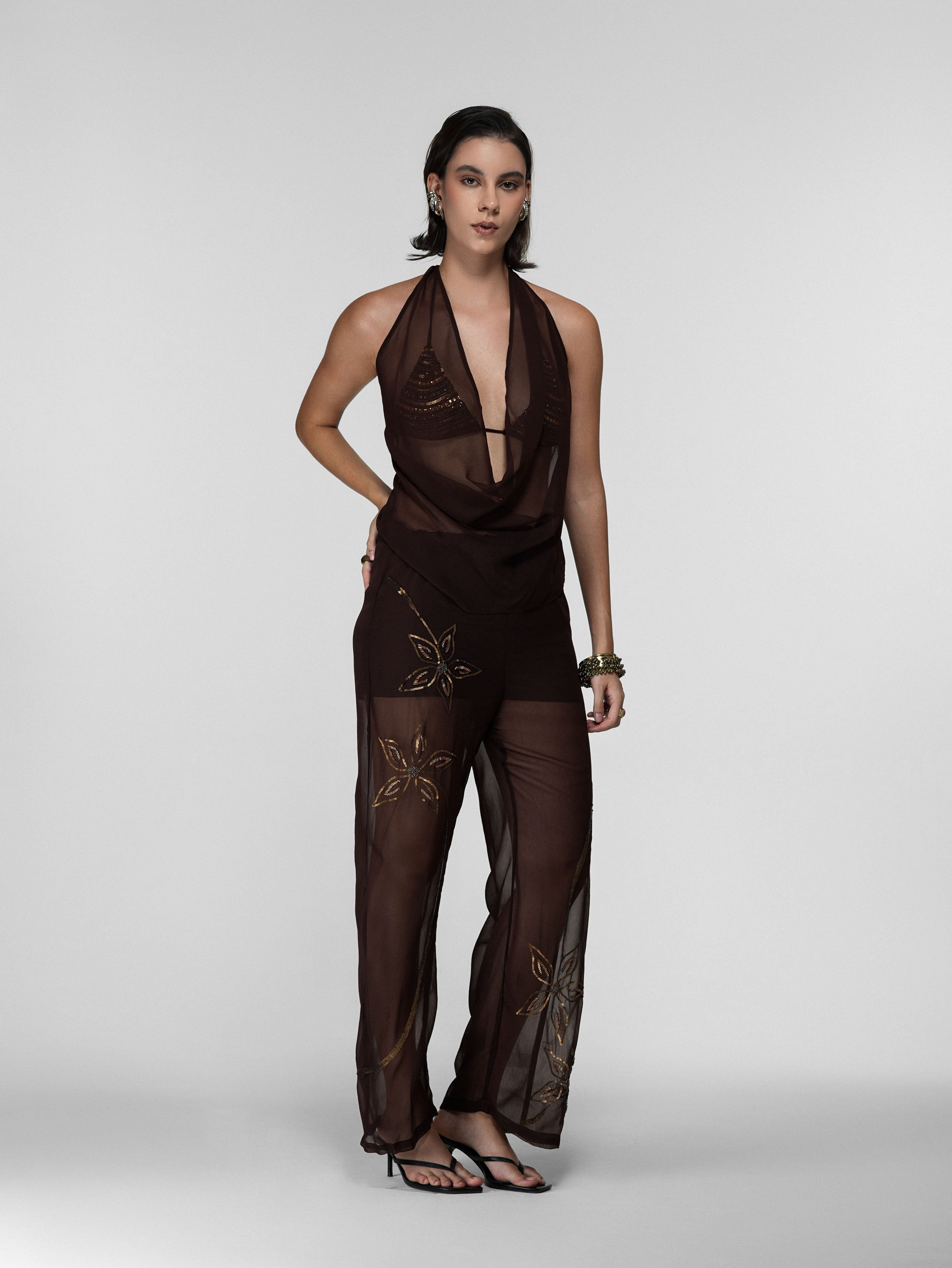 Brown Sheer Halter Cape Overlay with Cowl Drape
