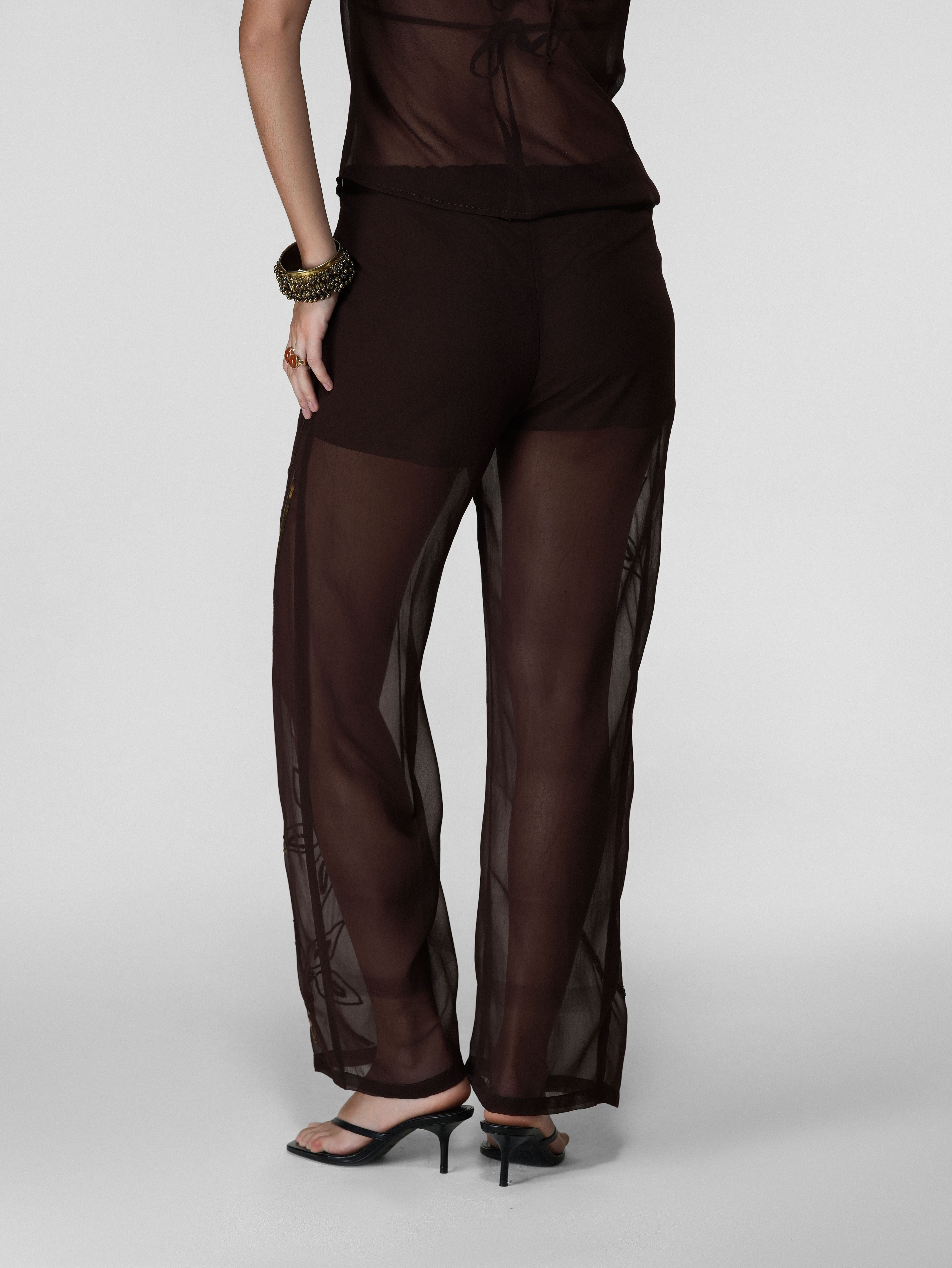 Brown Sheer Drawstring Wide-Leg Pants