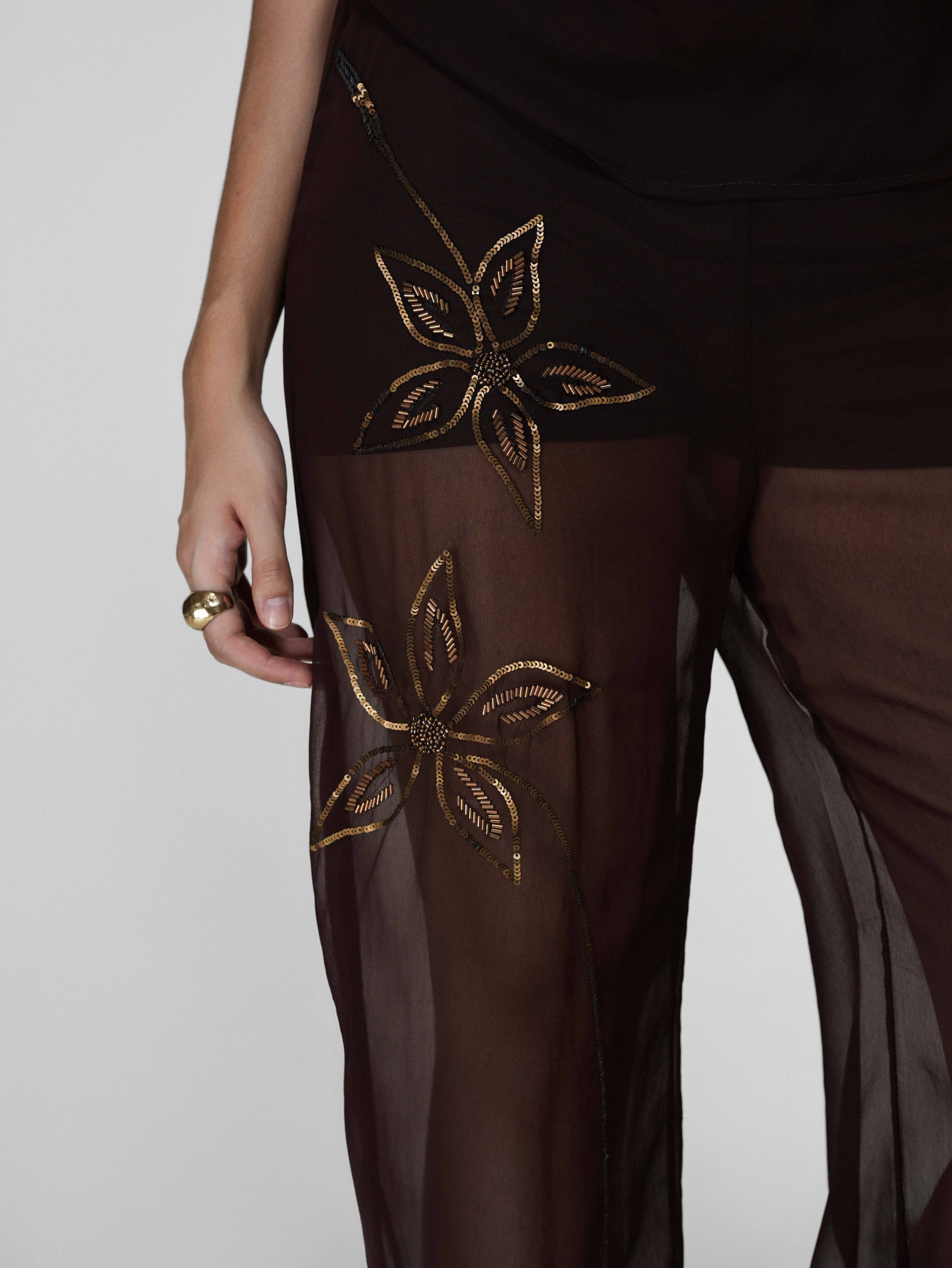 Brown Sheer Drawstring Wide-Leg Pants