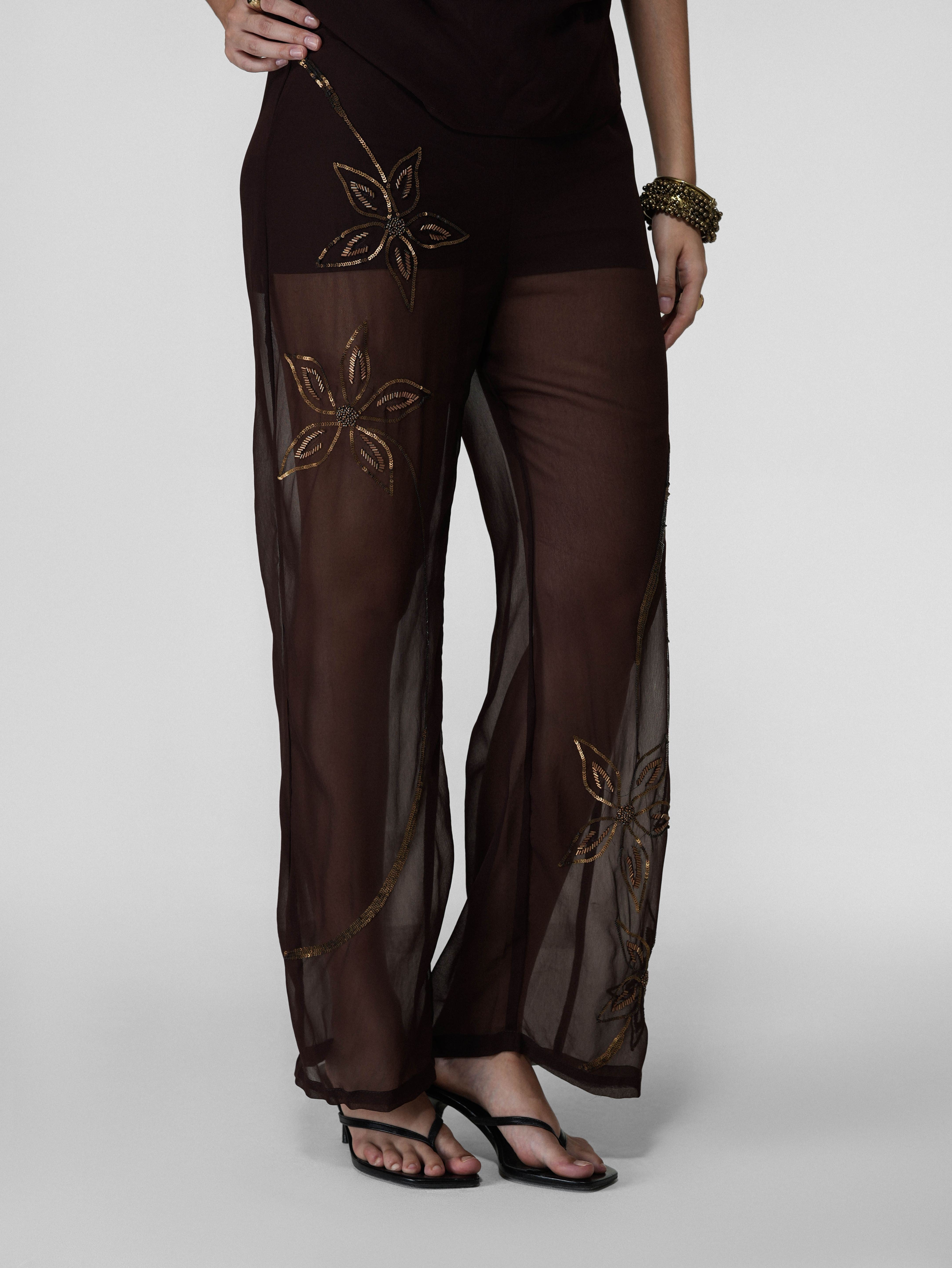 Brown Sheer Drawstring Wide-Leg Pants