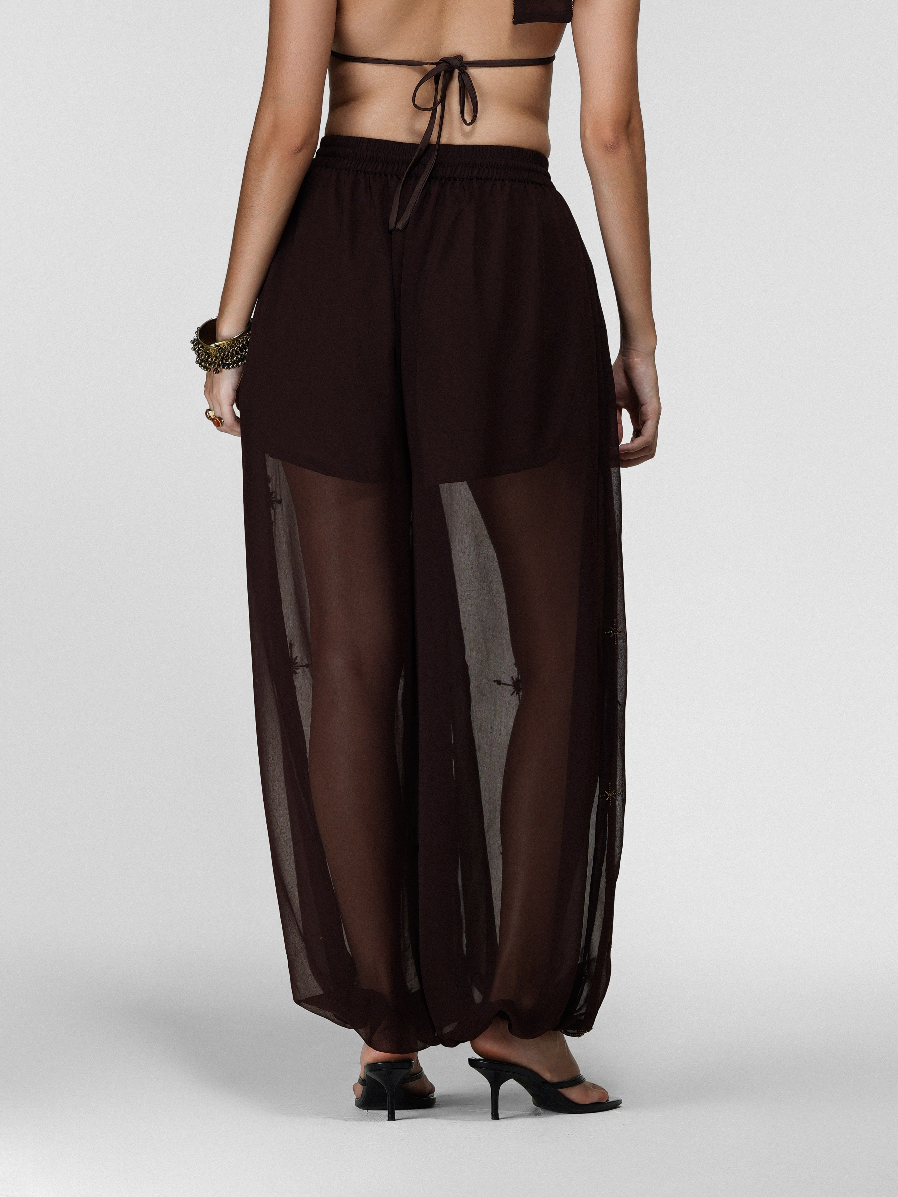 Brown Sheer Embroidered Balloon Pants
