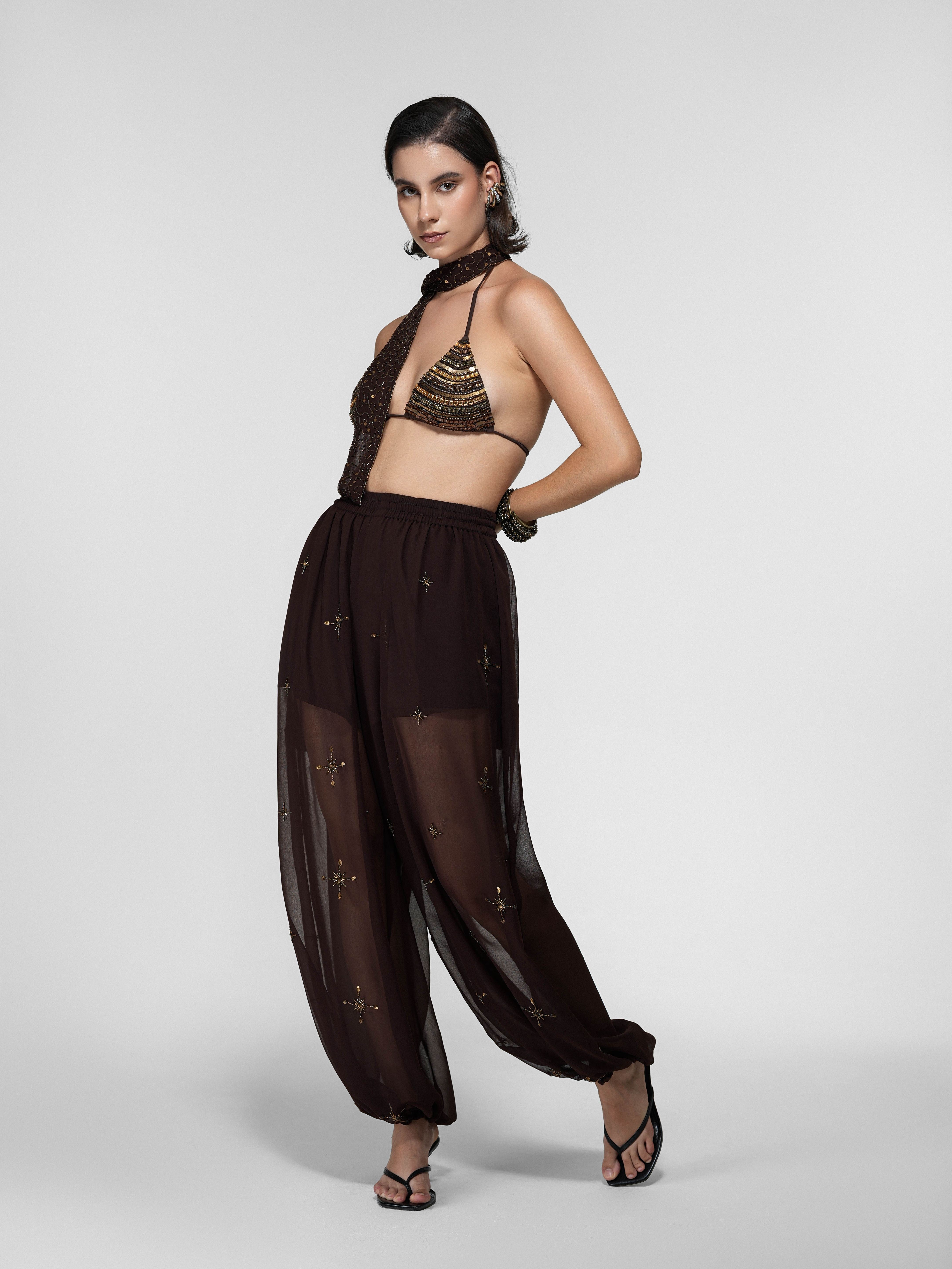 Brown Sheer Embroidered Balloon Pants