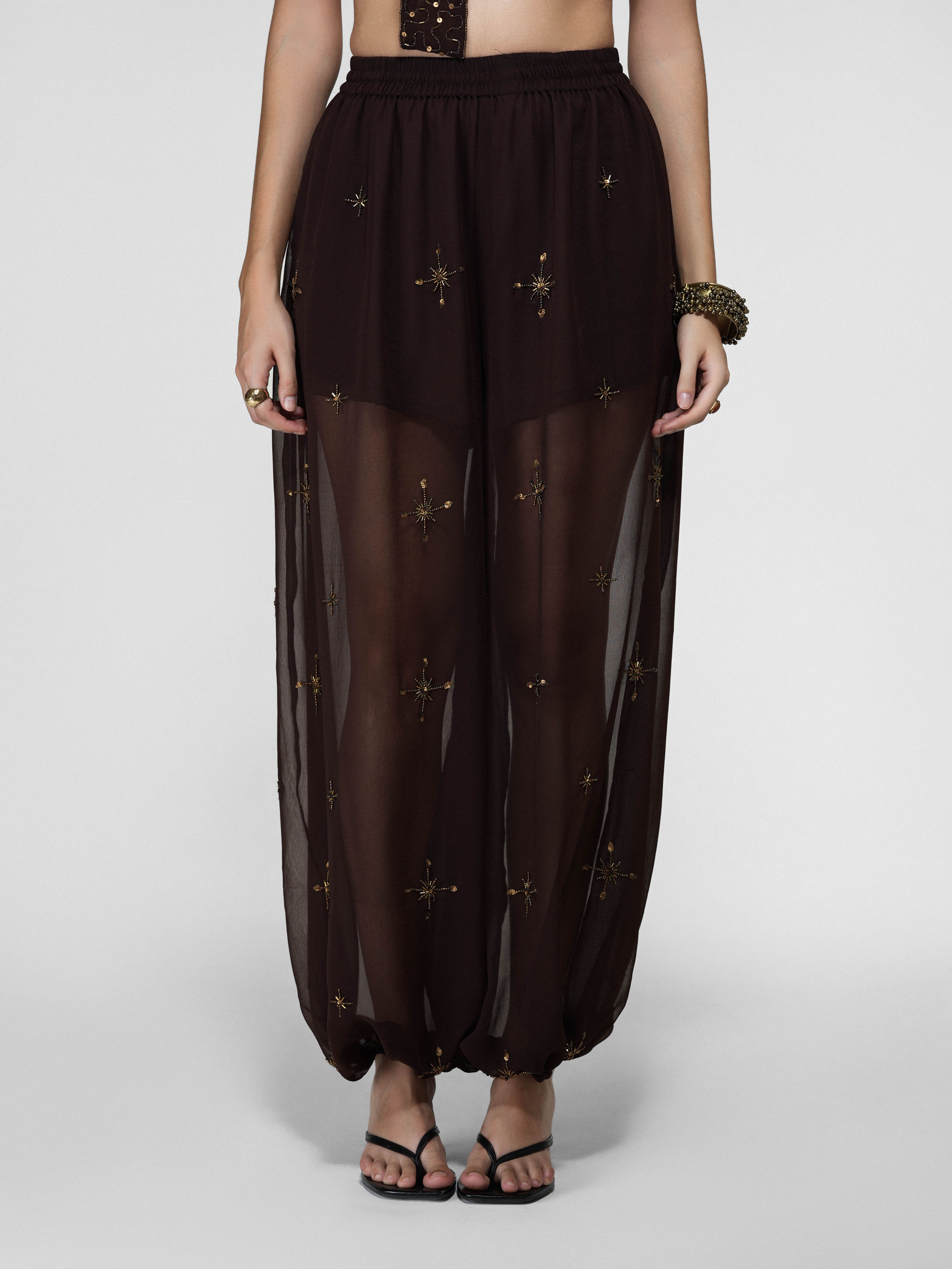 Brown Sheer Embroidered Balloon Pants