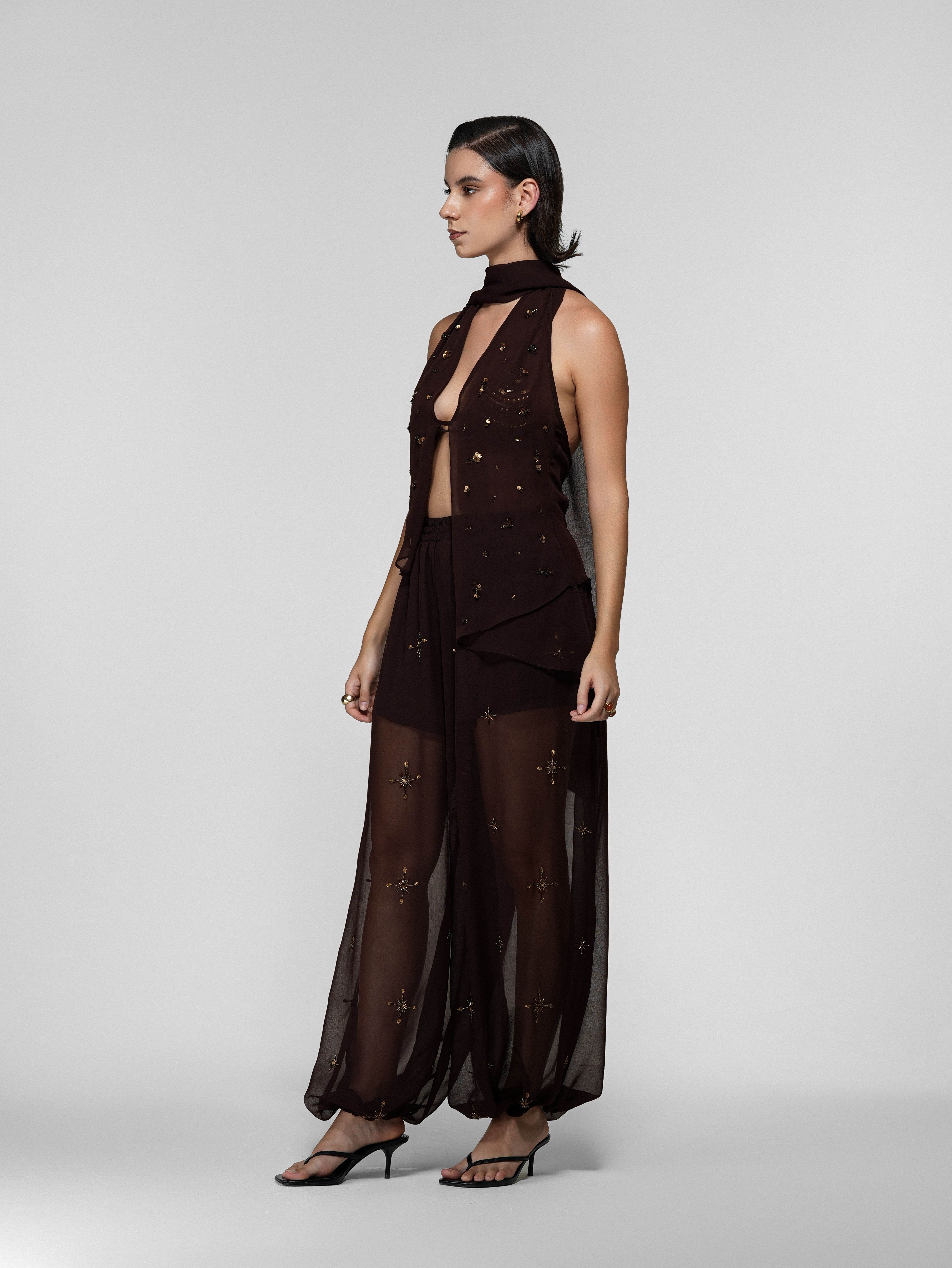 Brown Embroidered Sequin Bralette Top, Cape & Pant Set
