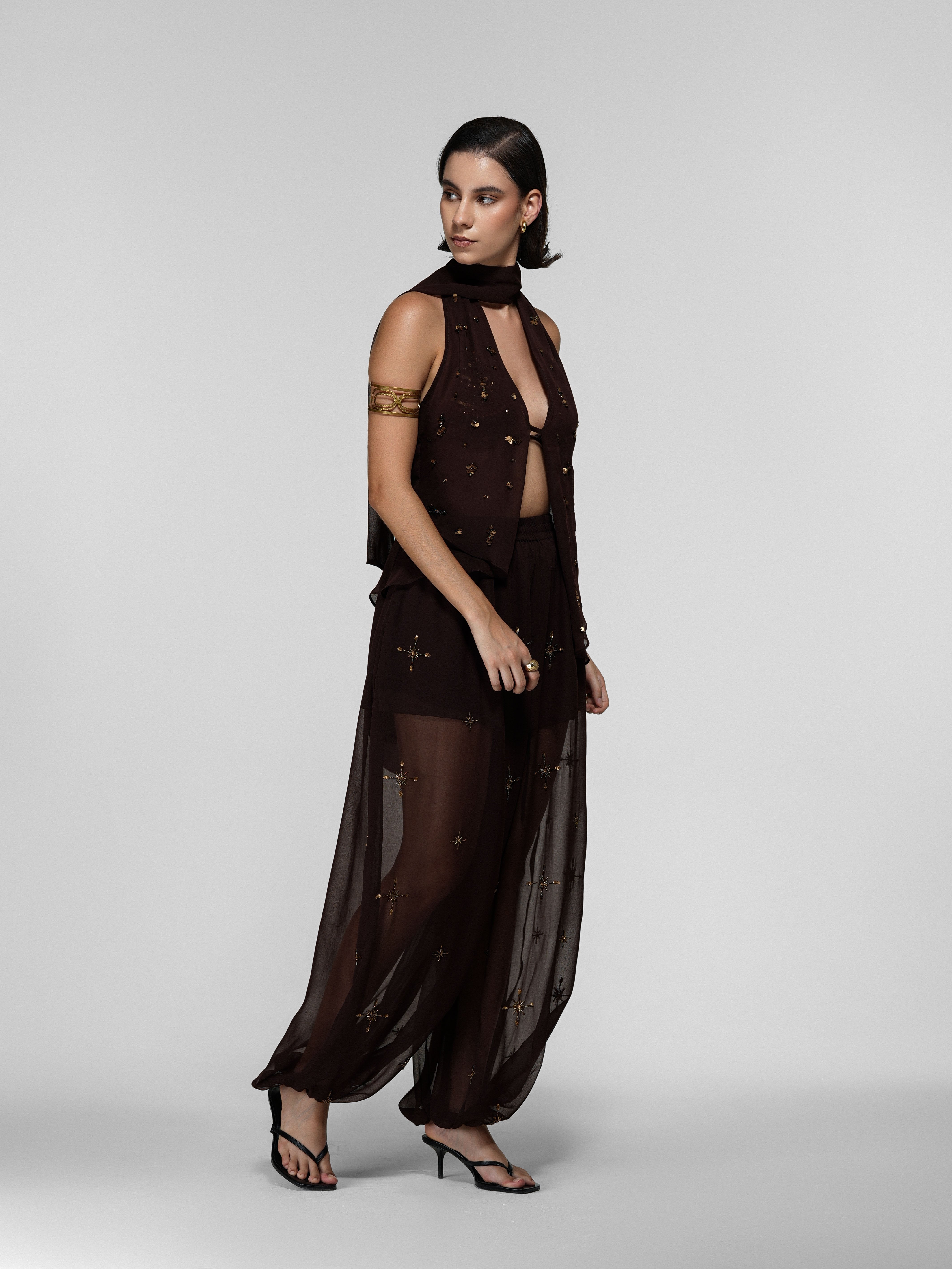 Brown Embroidered Sequin Bralette Top, Cape & Pant Set