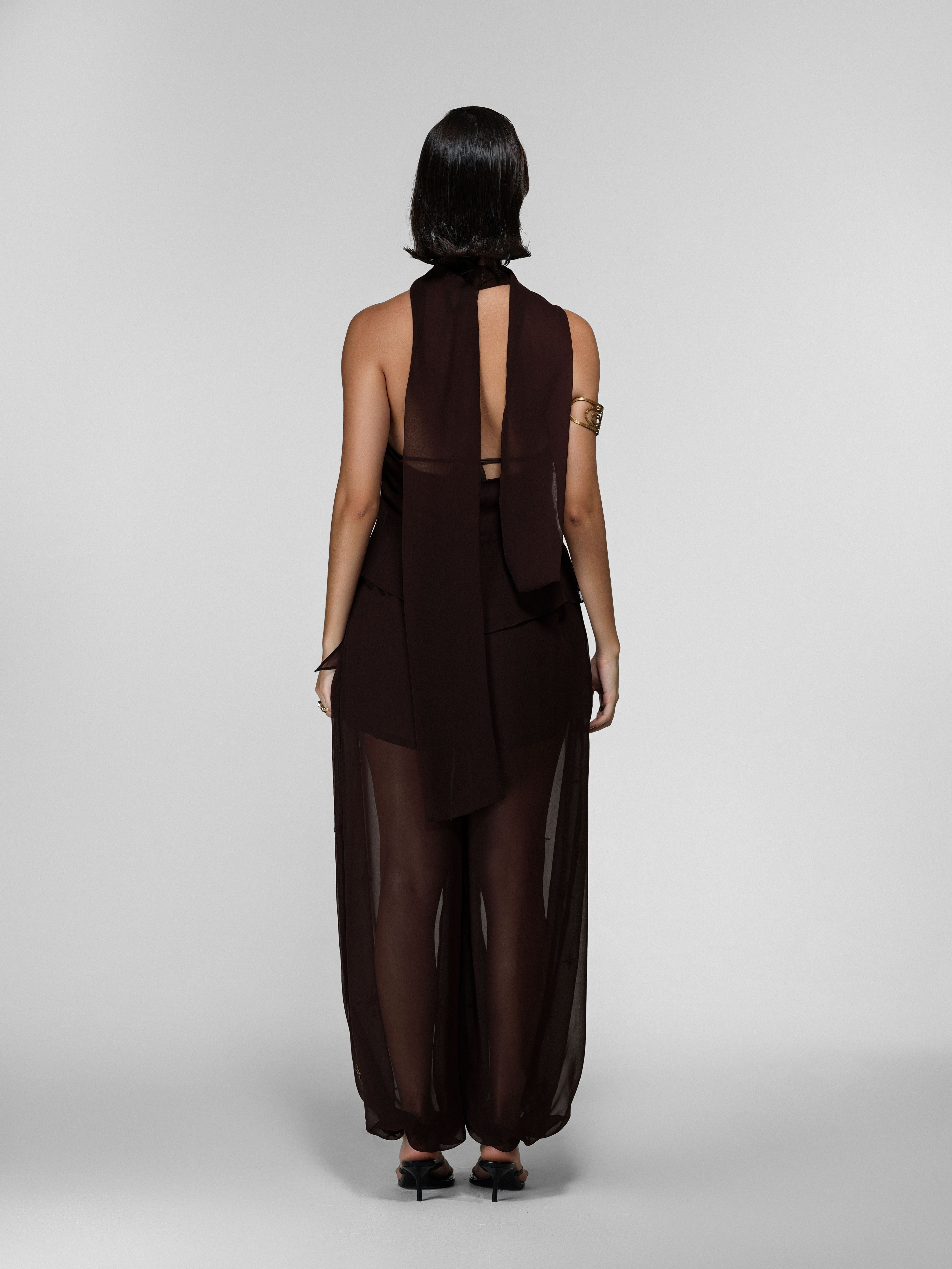 Brown Embroidered Sequin Bralette Top, Cape & Pant Set