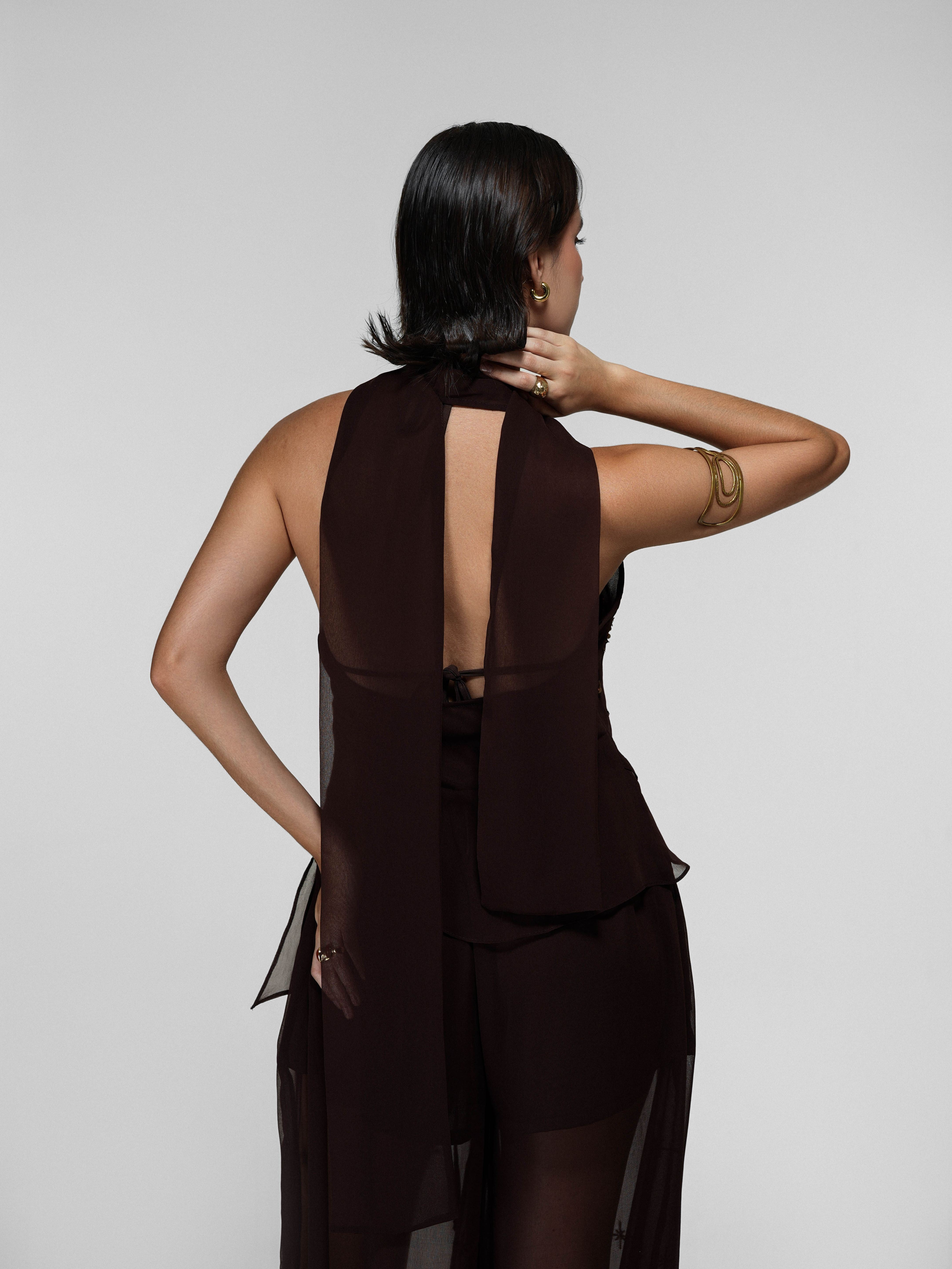 Brown Draped Halter Top with Open Front