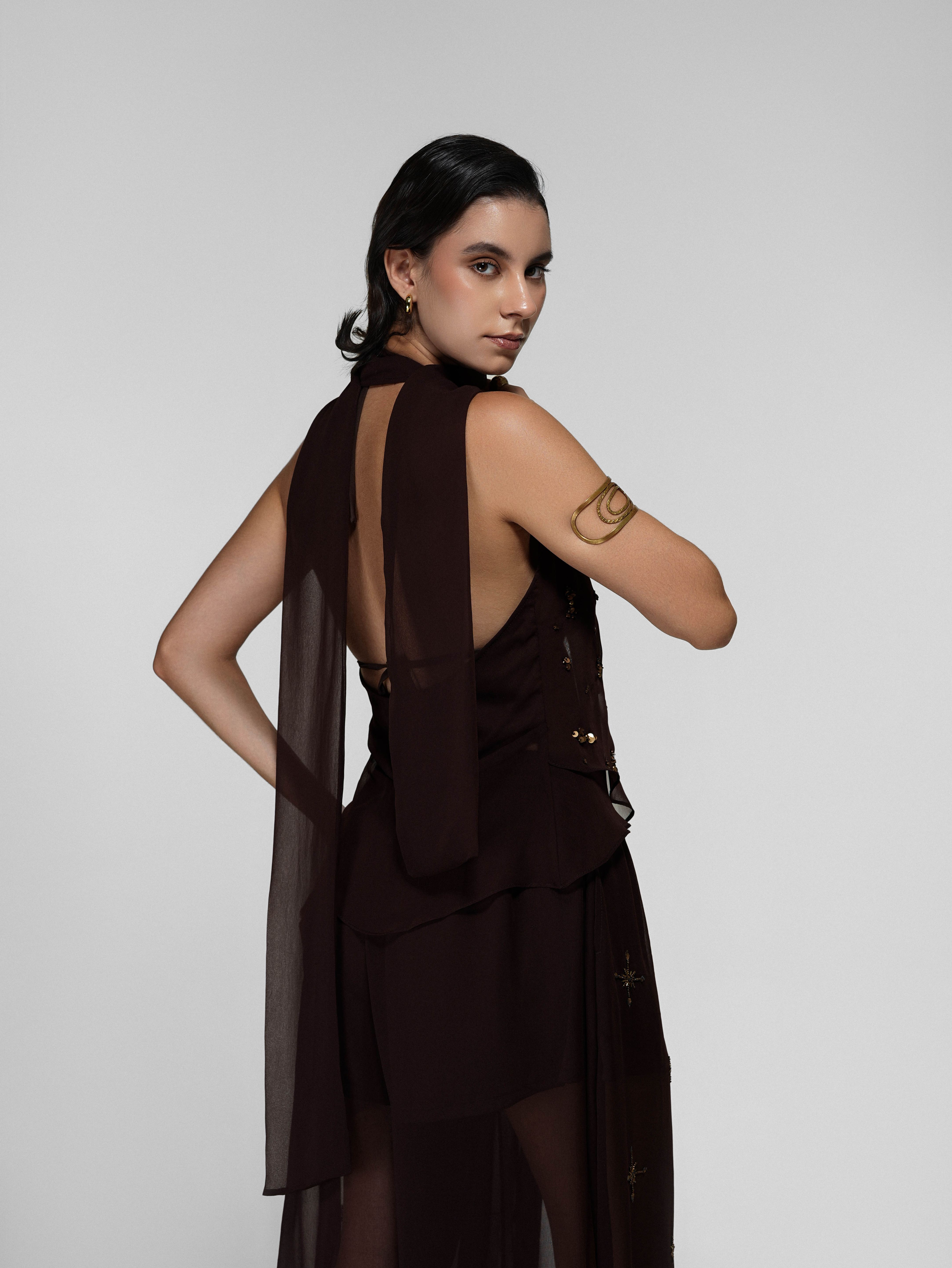 Brown Draped Halter Top with Open Front