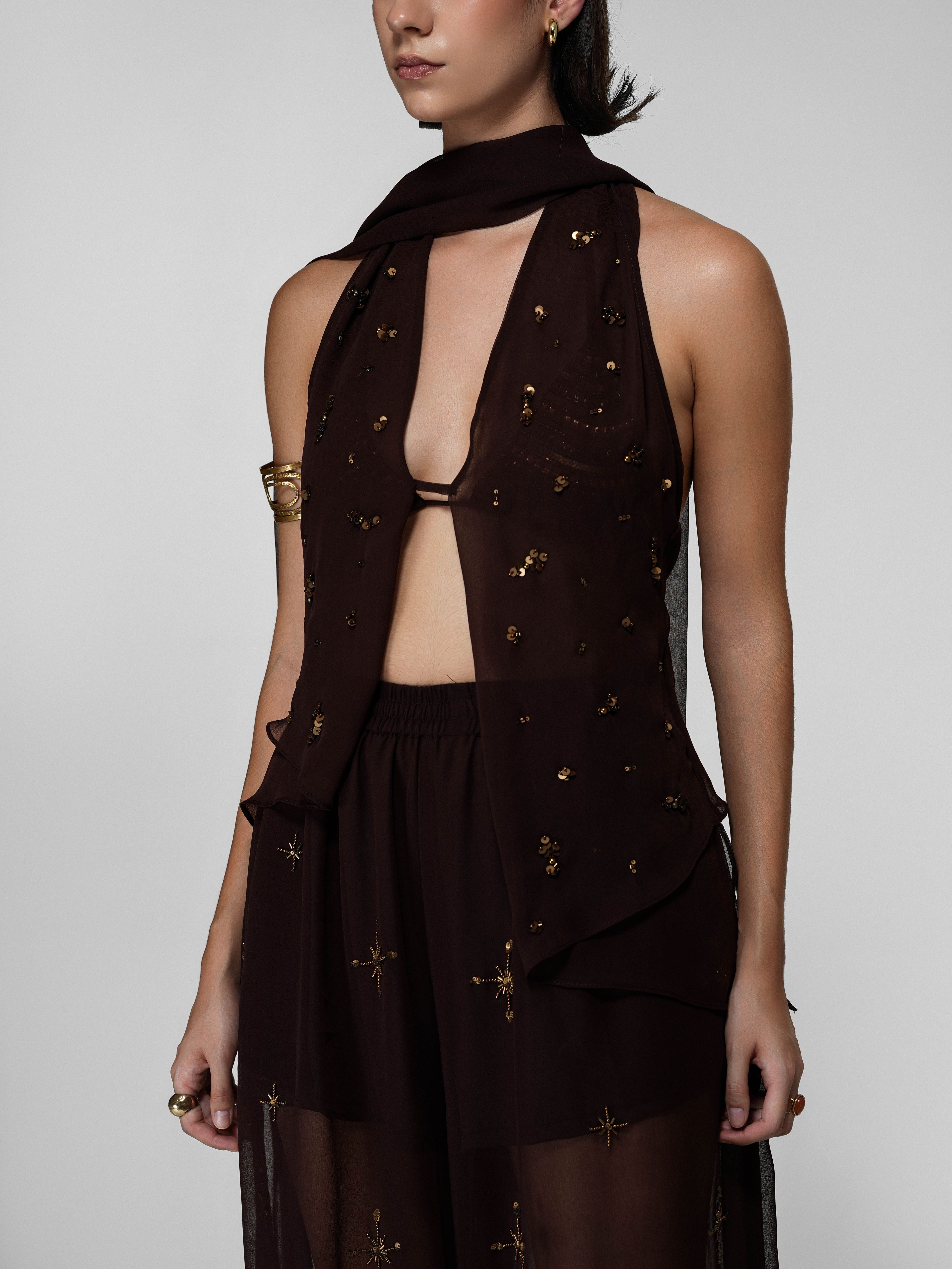 Brown Draped Halter Top with Open Front
