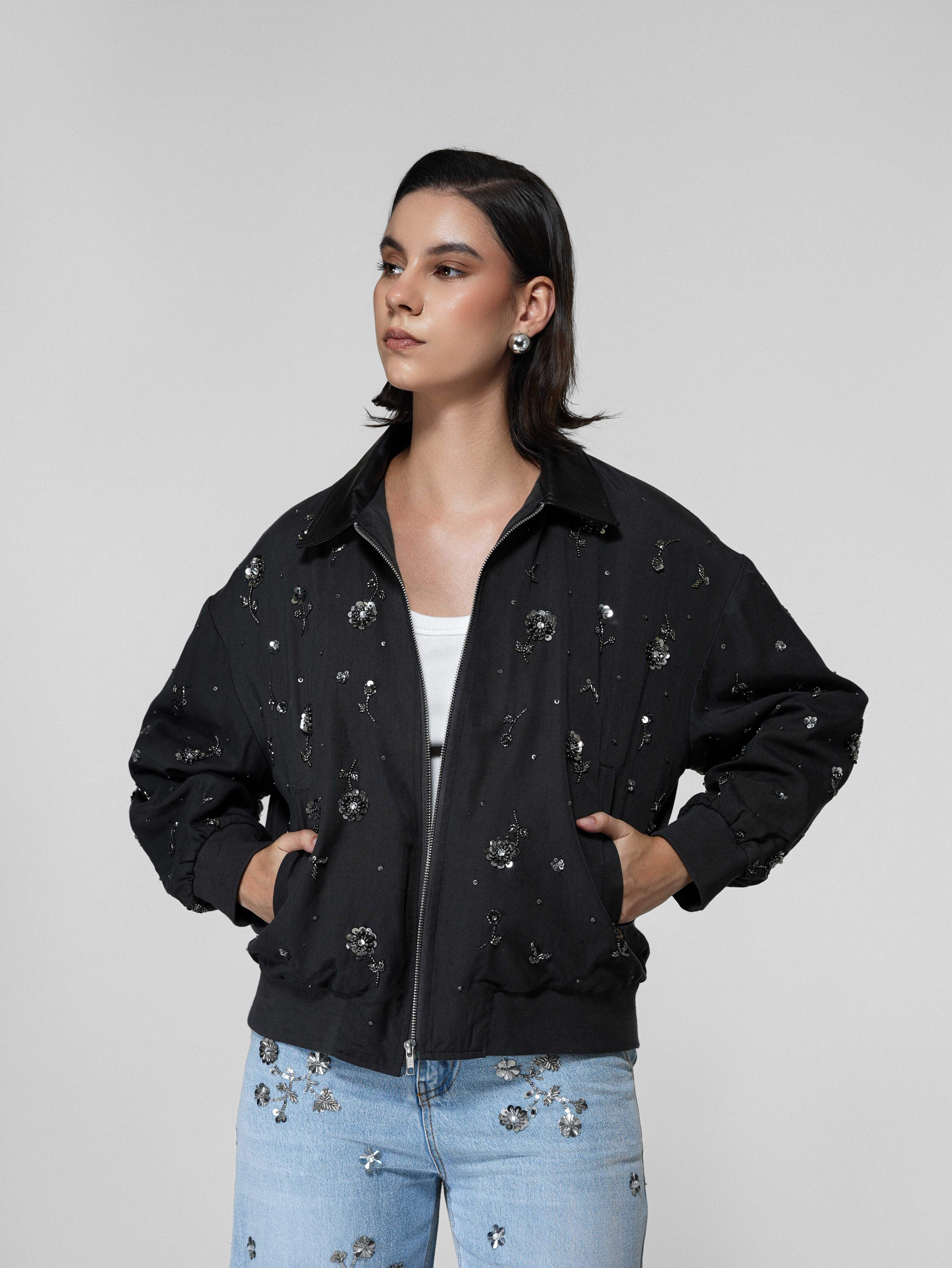 Dark Grey Floral Beaded Bomber Jacket