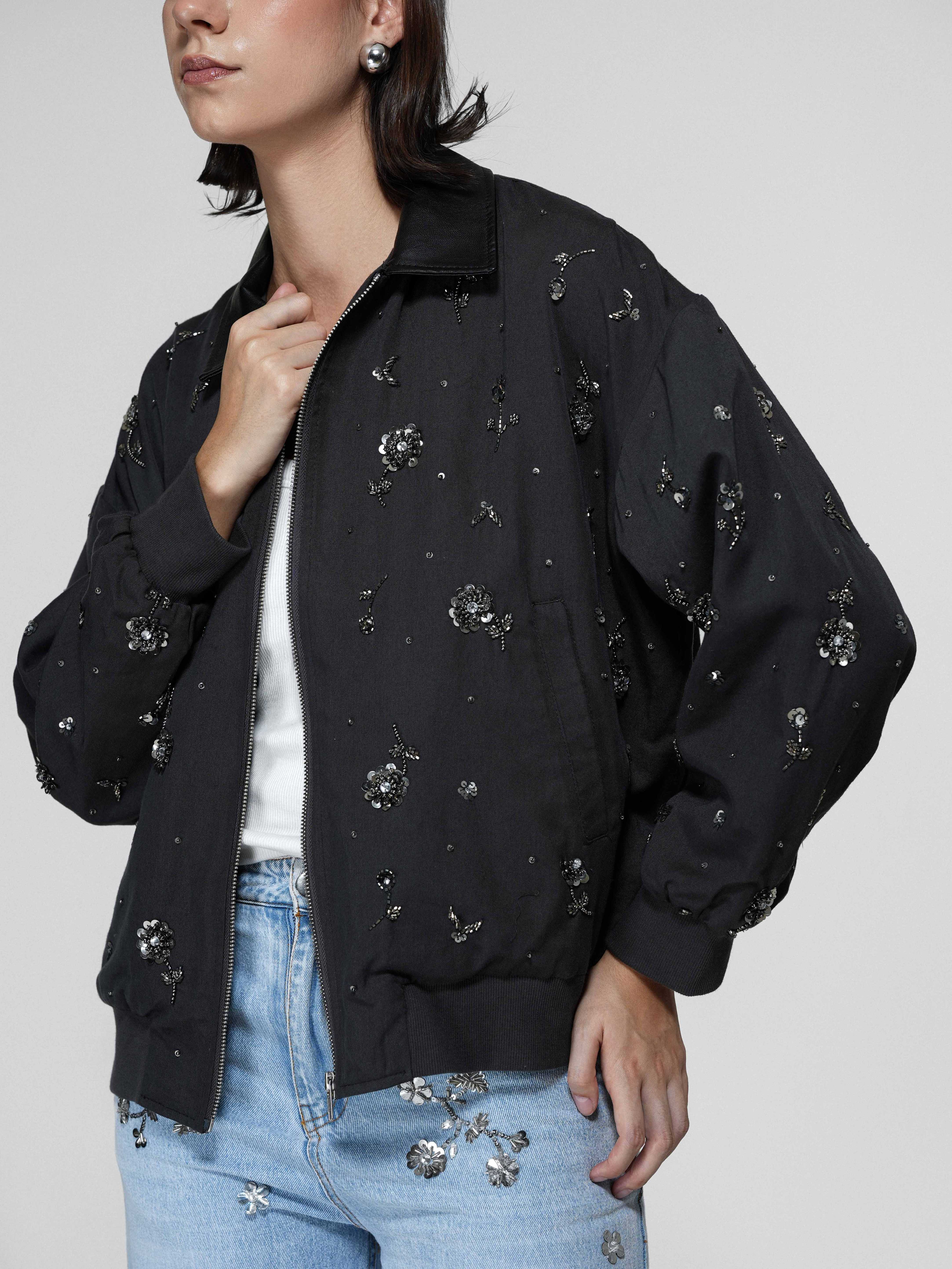 Dark Grey Floral Beaded Bomber Jacket