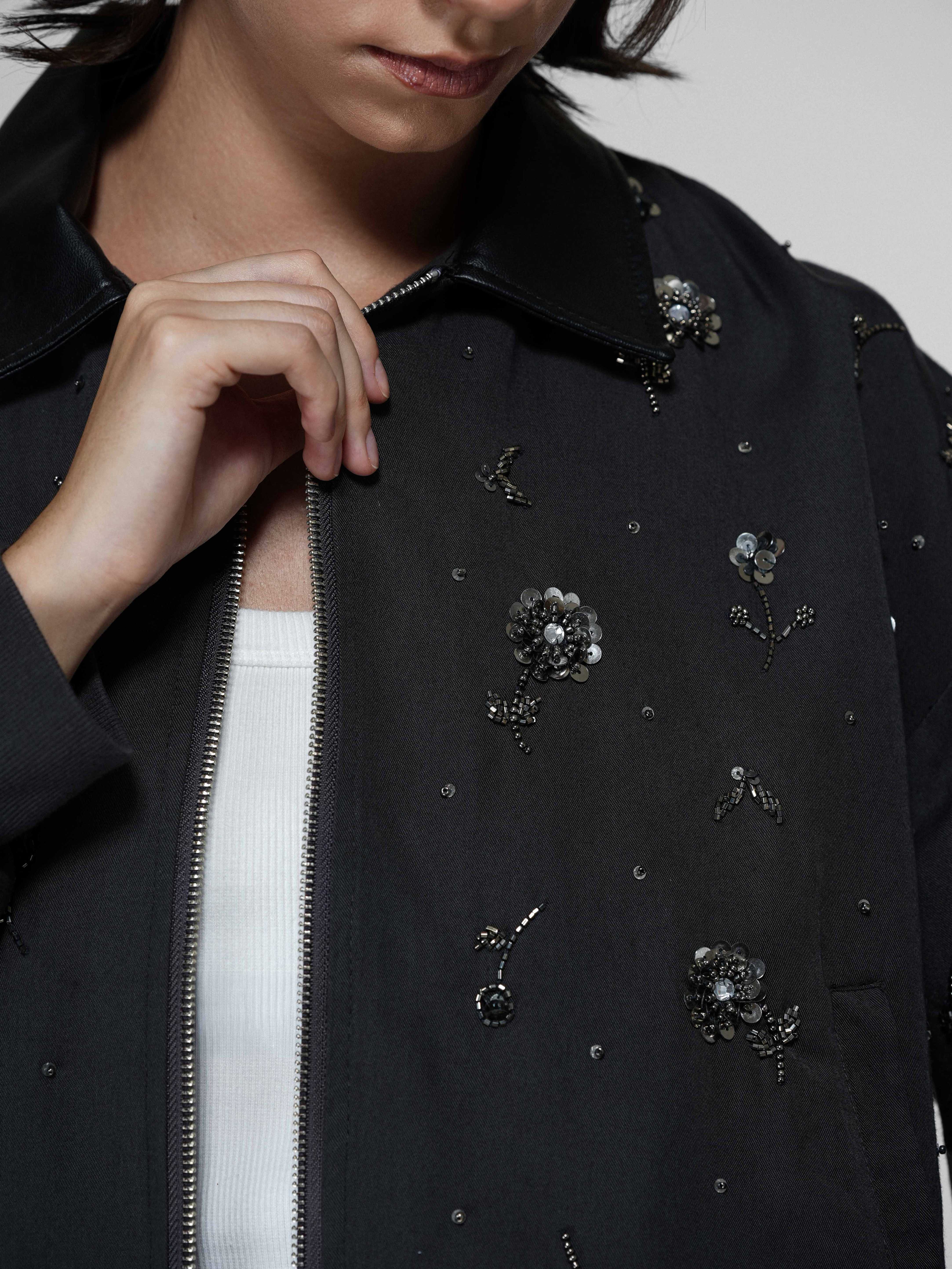 Dark Grey Floral Beaded Bomber Jacket