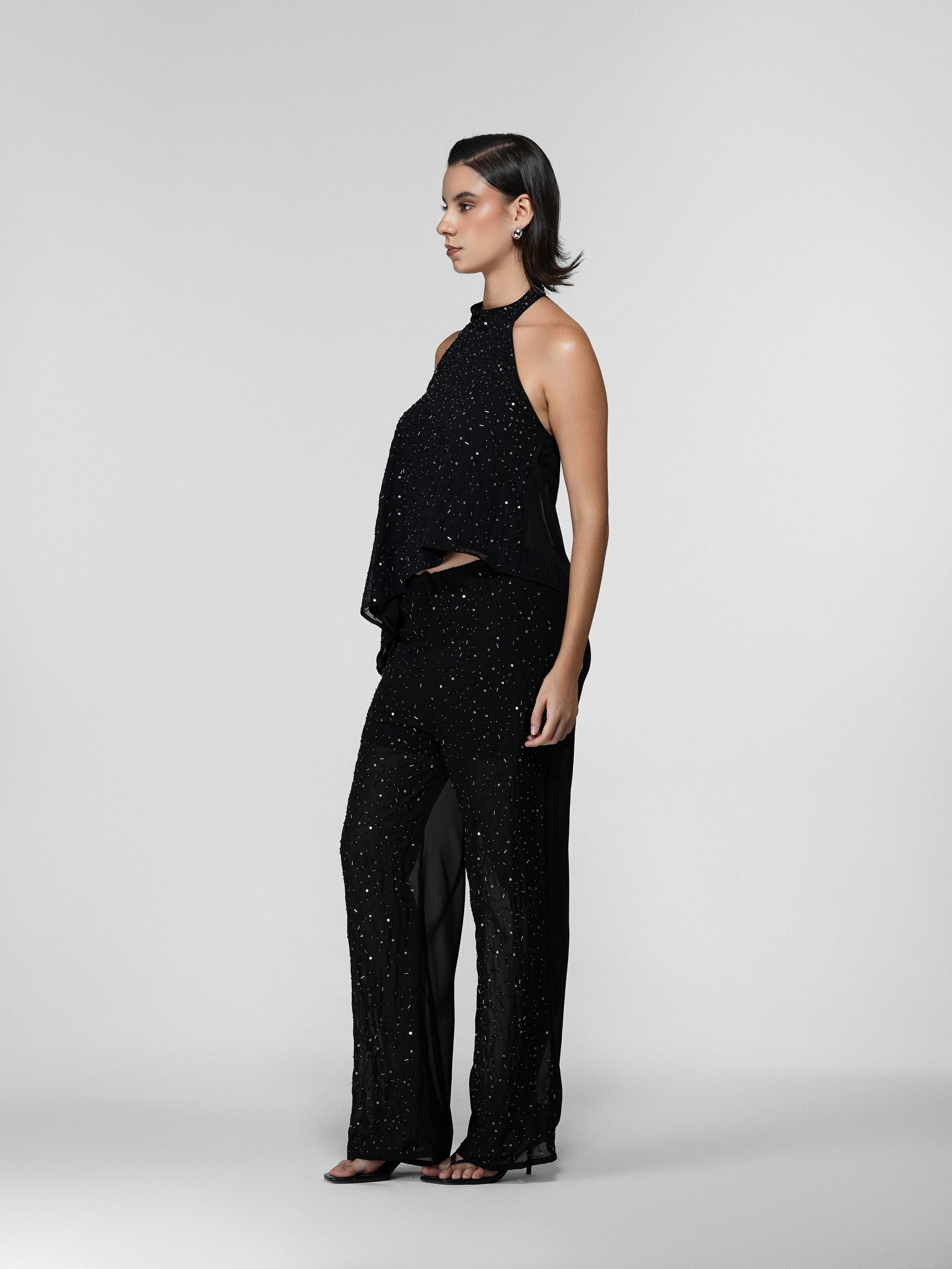 Black Hand-Beaded Sequin Wide-Leg Georgette Pants
