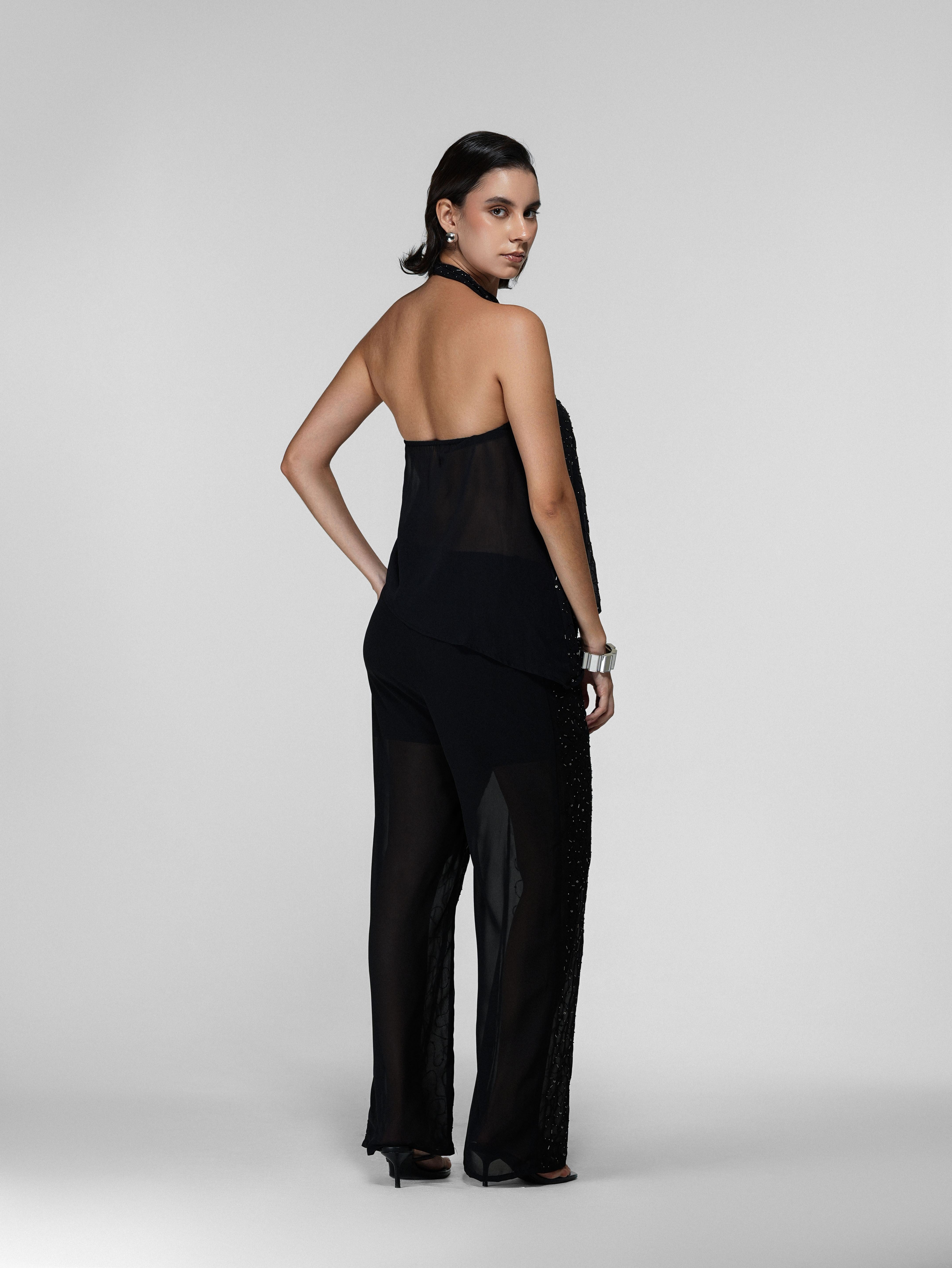 Black Hand-Beaded Sequin Wide-Leg Georgette Pants