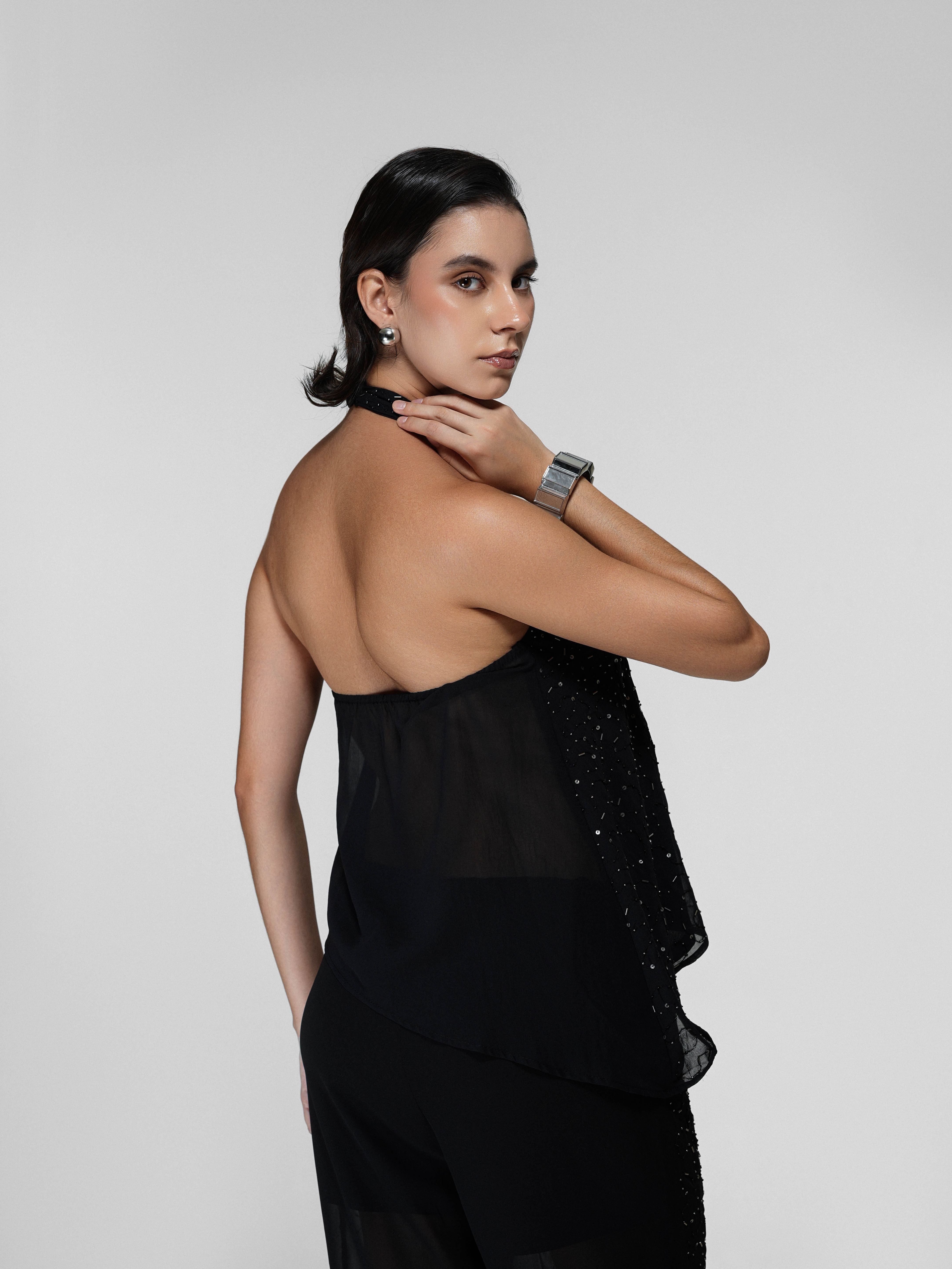 Asymmetric Hand-Beaded Sequin Halter Top