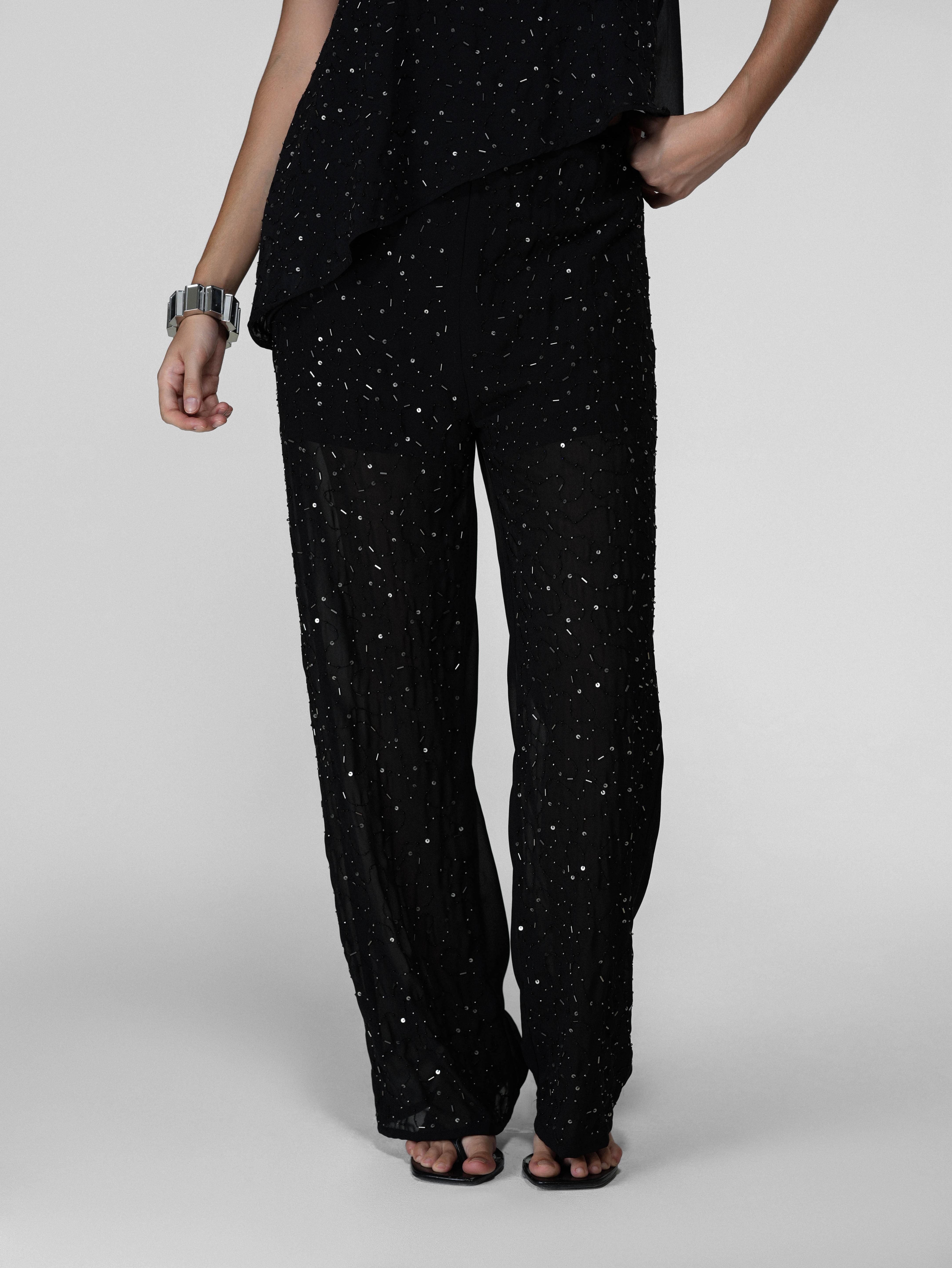Black Hand-Beaded Sequin Wide-Leg Georgette Pants