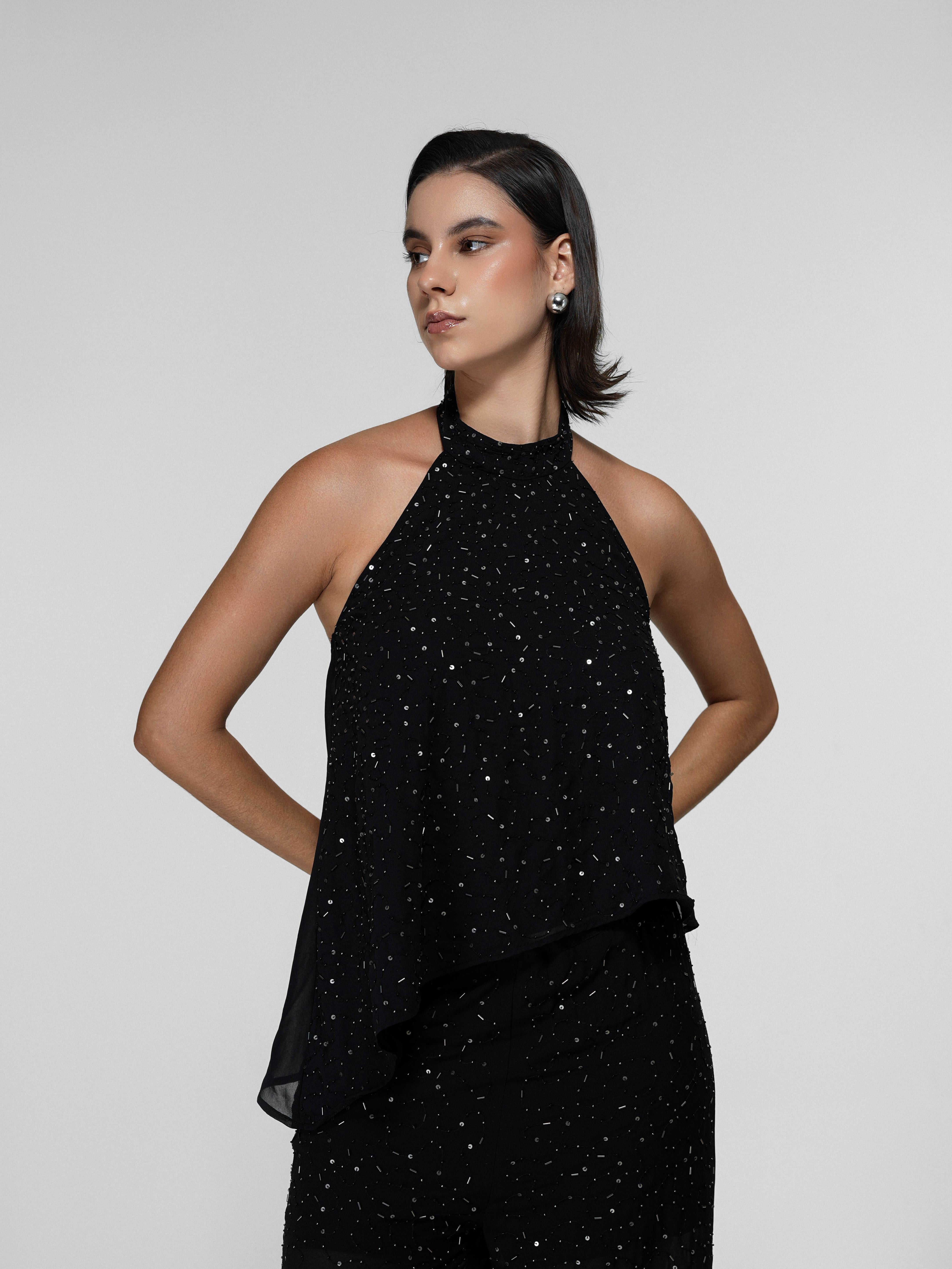Asymmetric Hand-Beaded Sequin Halter Top