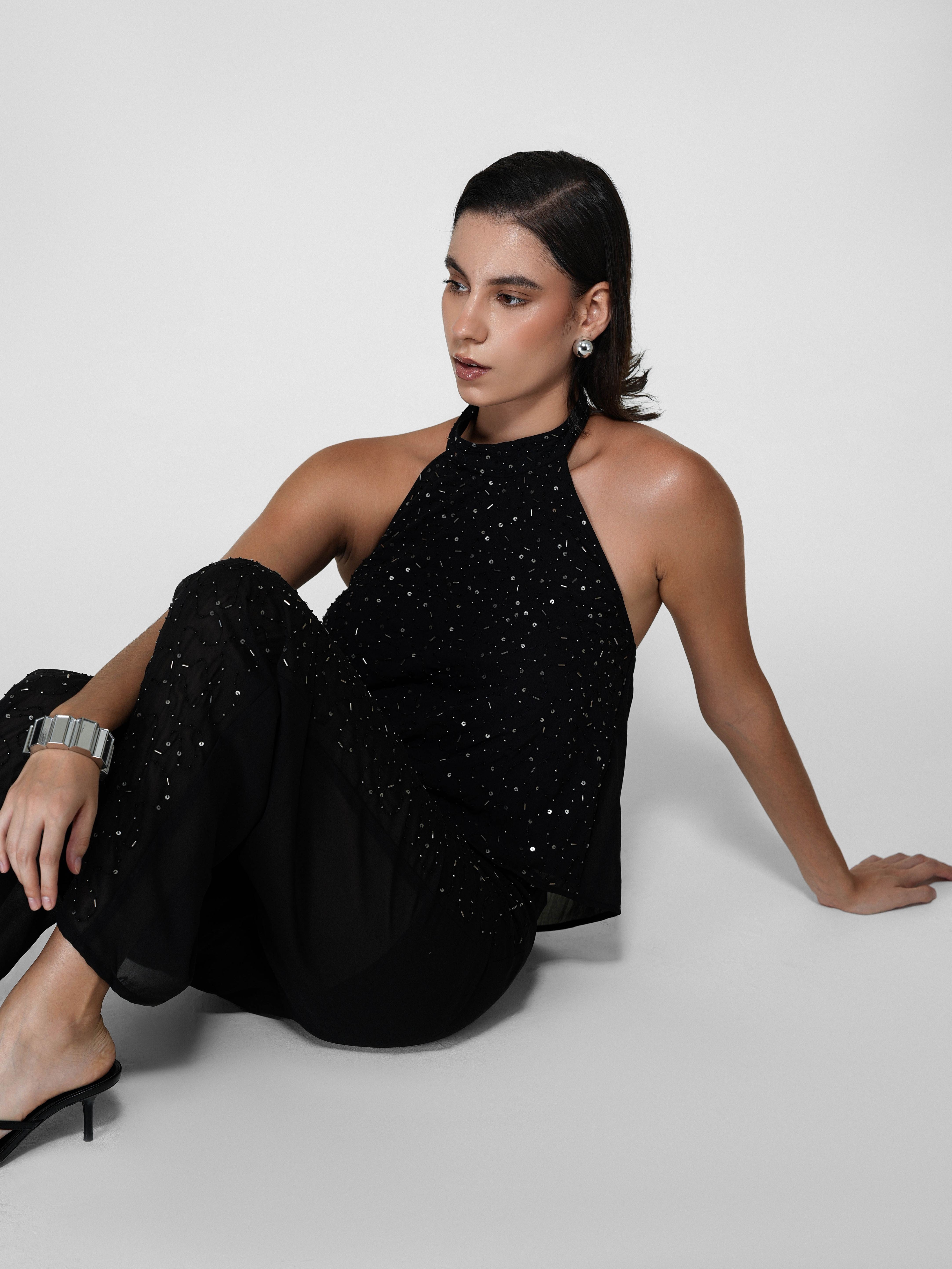 Black Hand-Beaded Sequin Wide-Leg Georgette Pants