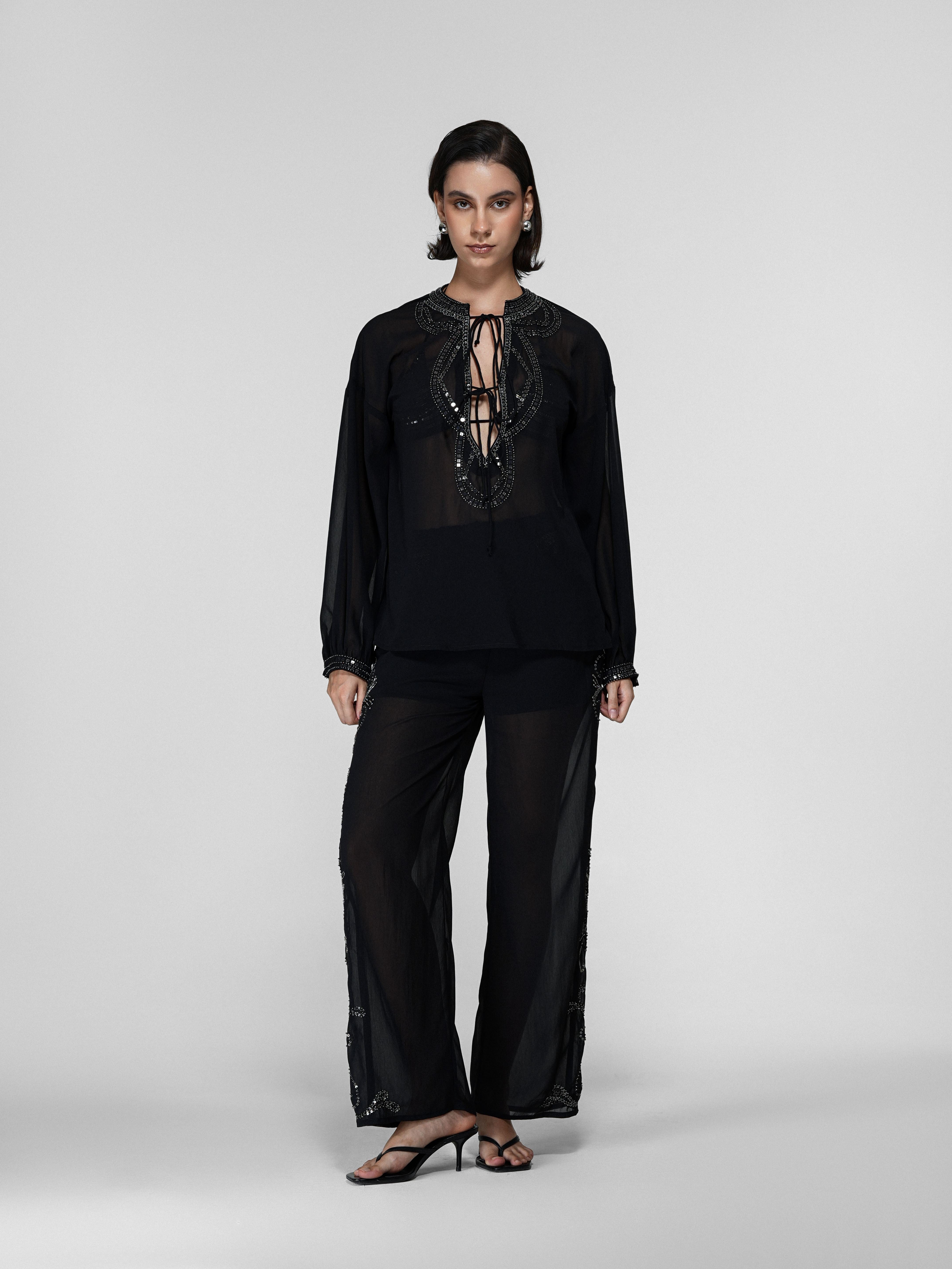 Black Sheer Drawstring Wide-Leg Pants