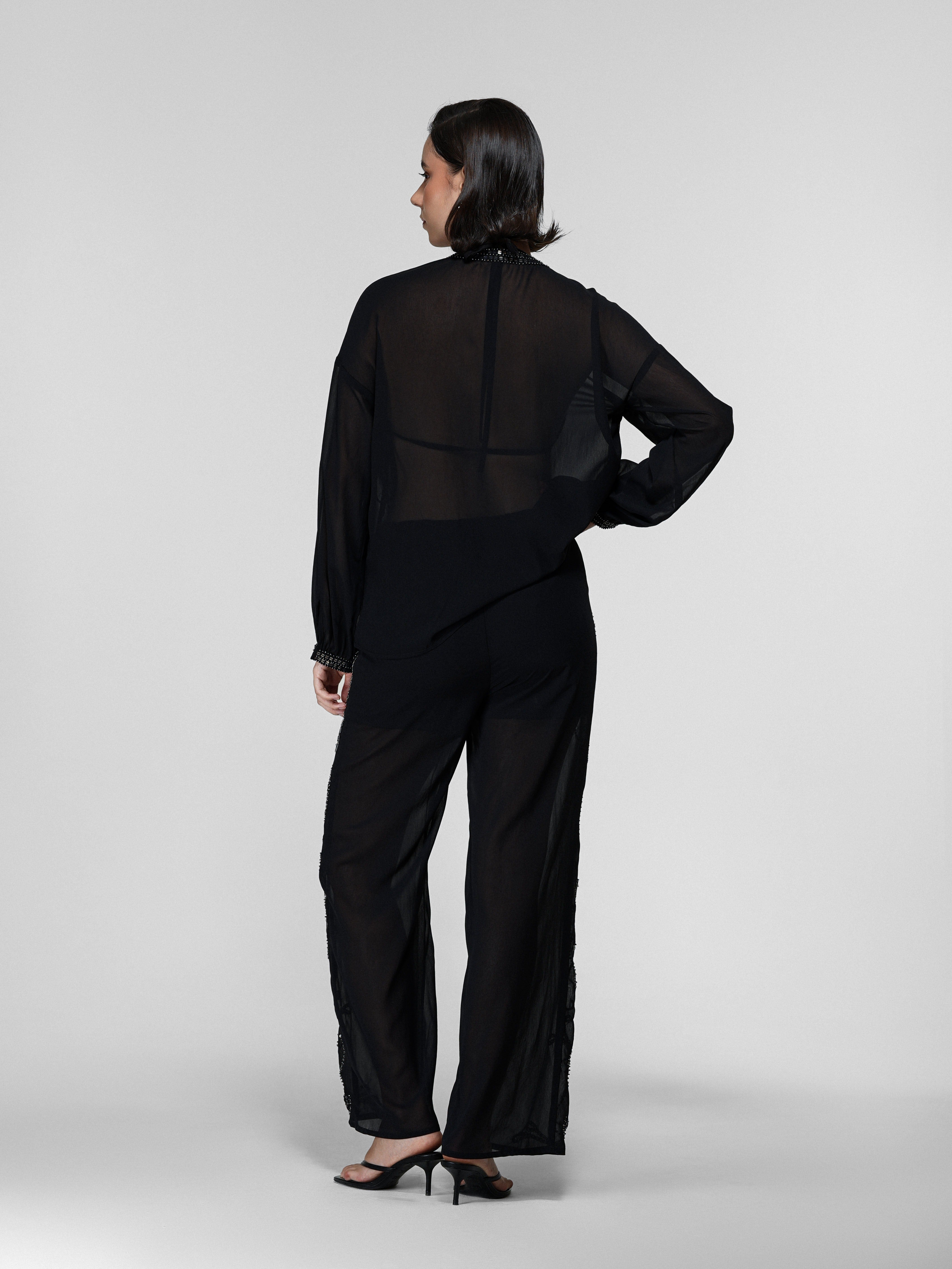 Black Sheer Drawstring Wide-Leg Pants