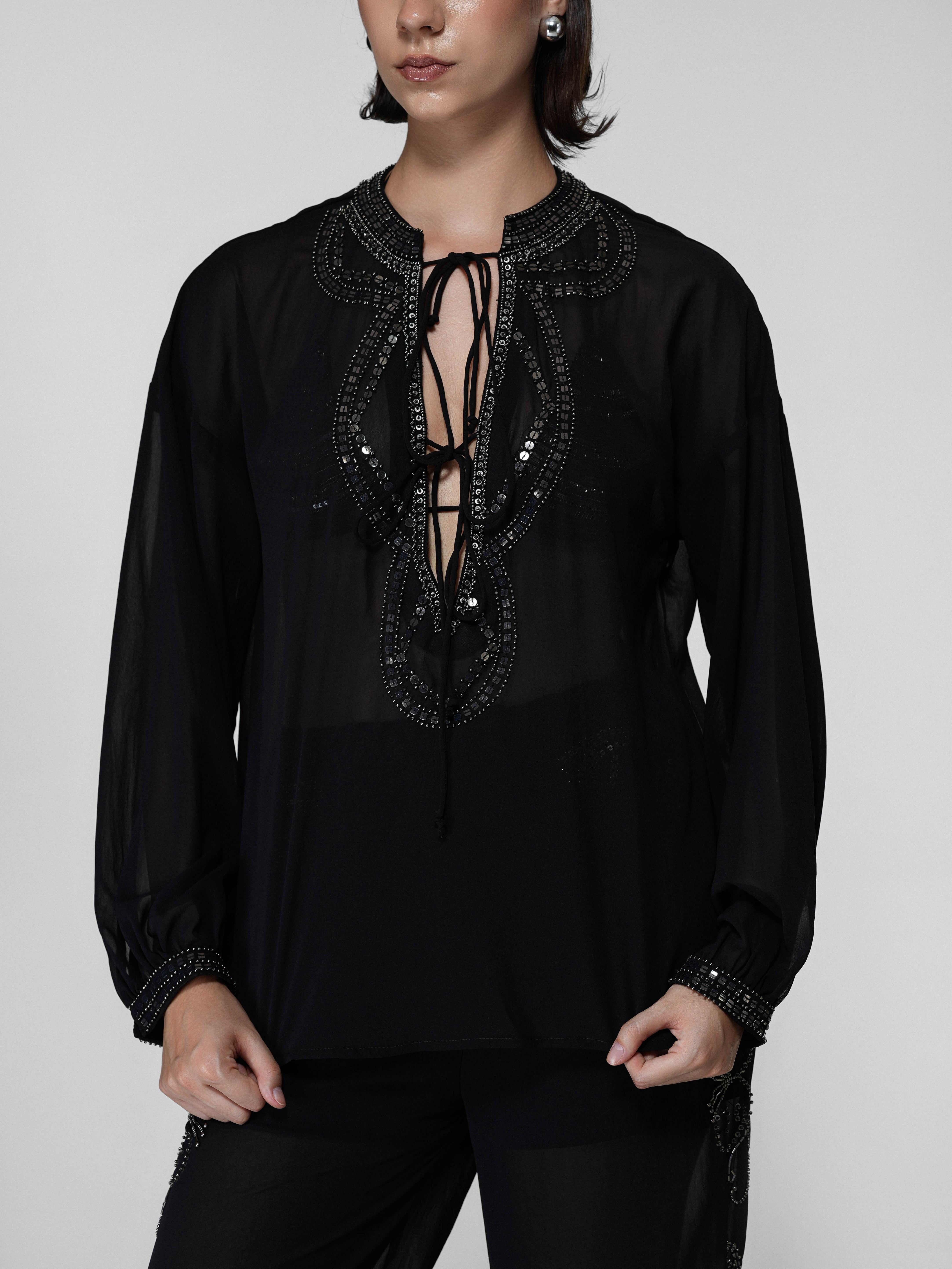 Black Sheer Bead-Embroidered Balloon Sleeve Top